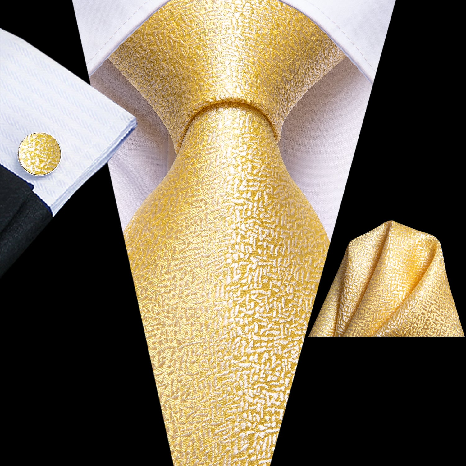 Golden Solid Tie Handkerchief Cufflinks Set with Wedding Brooch