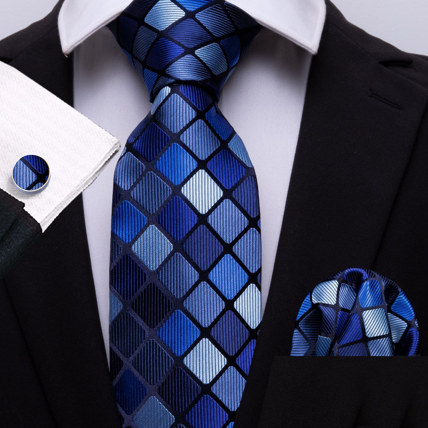 Designer Navy Blue Plaid Tie Pocket Square Cufflinks Set