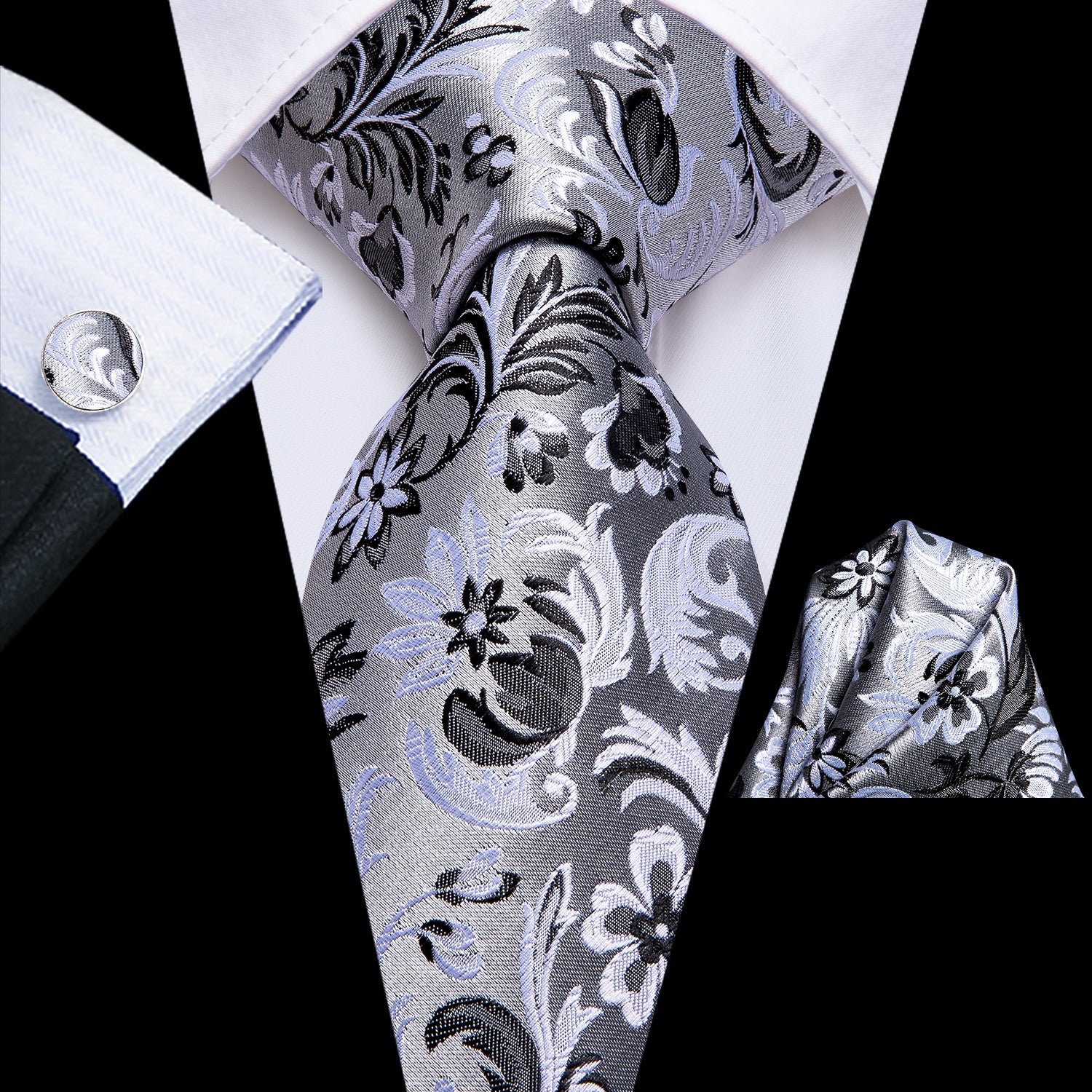 Grey Black Floral Tie Pocket Square Cufflinks Set