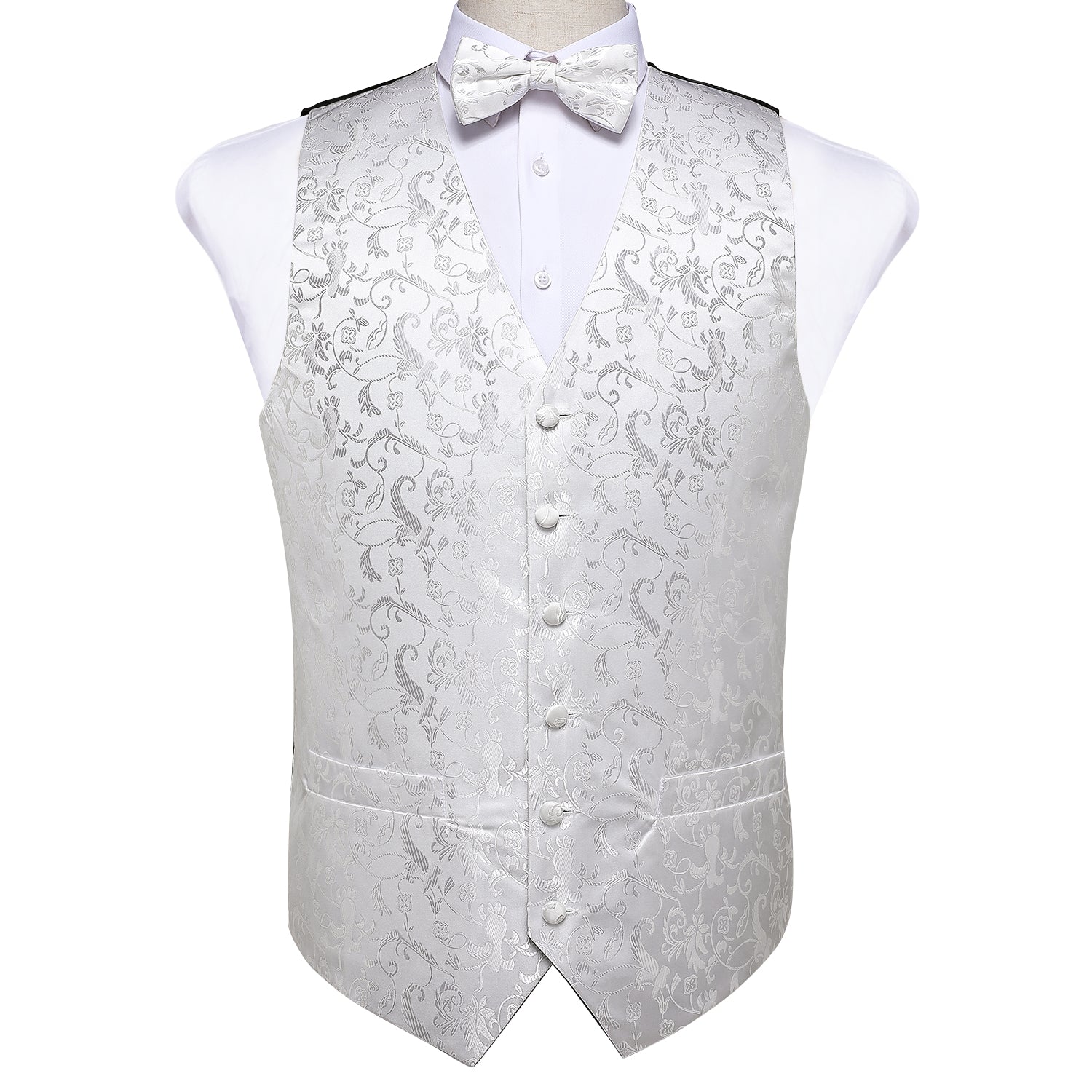 Luxury White Floral Silk Men's Vest Bow Tie Hanky Cufflinks Set