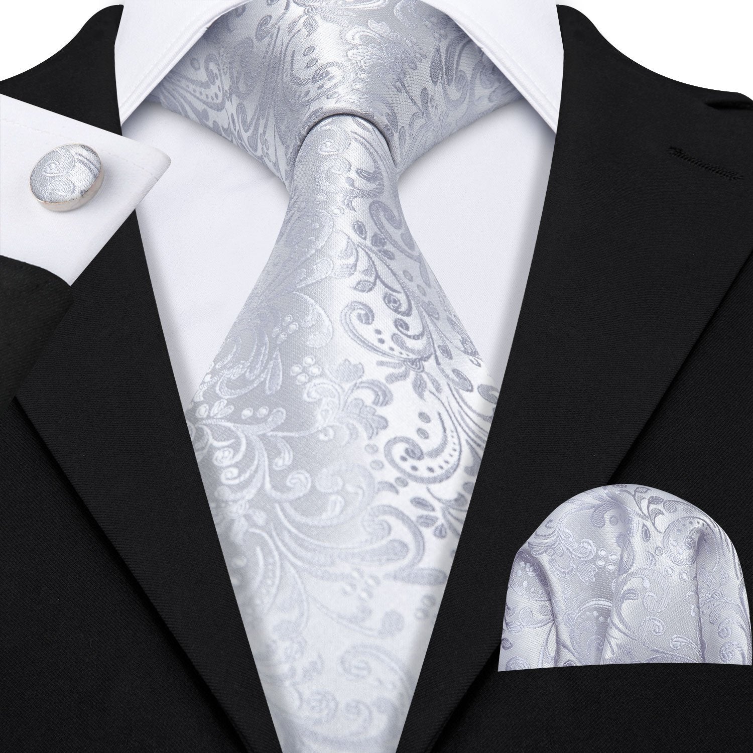 Silver Floral Tie Pocket Square Cufflinks Set with Brooch