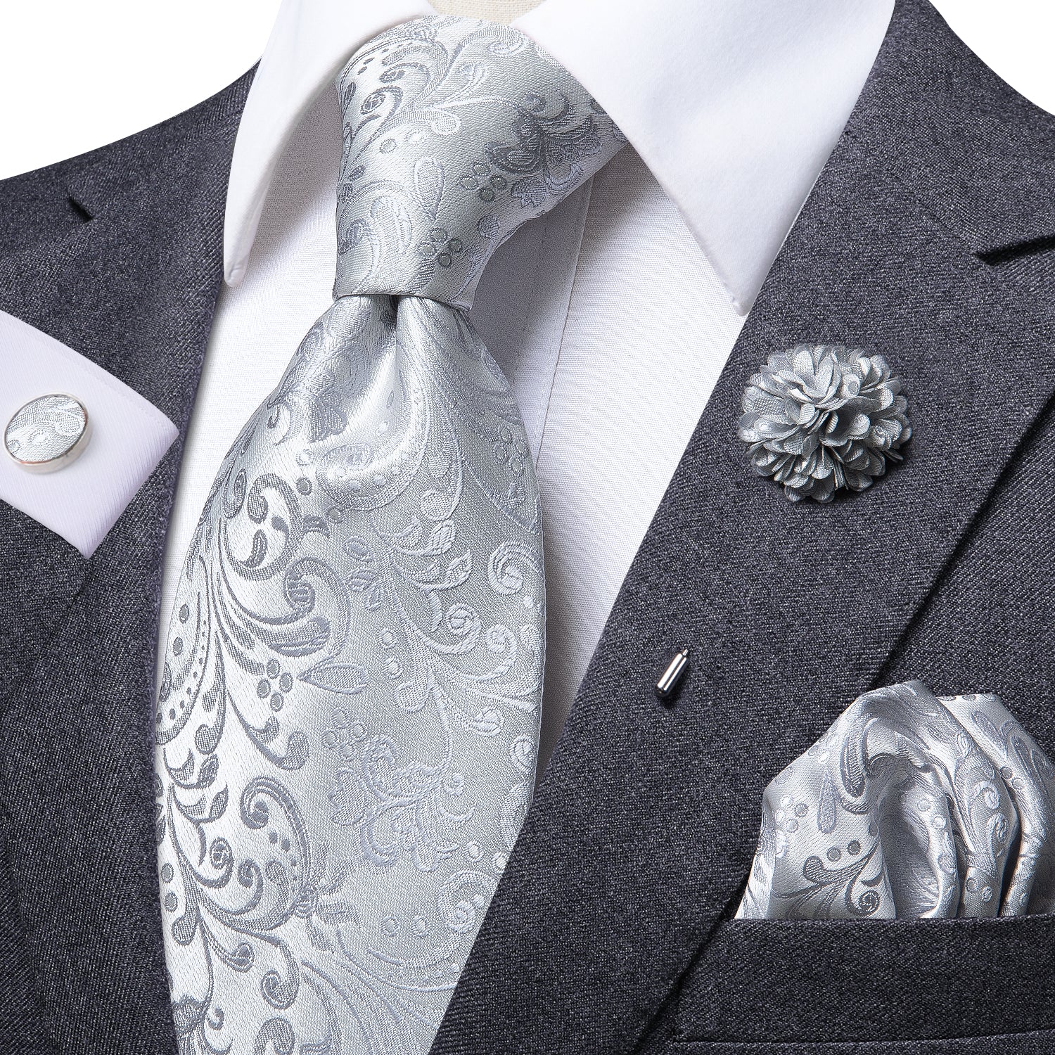 Silver Floral Tie Pocket Square Cufflinks Set with Brooch