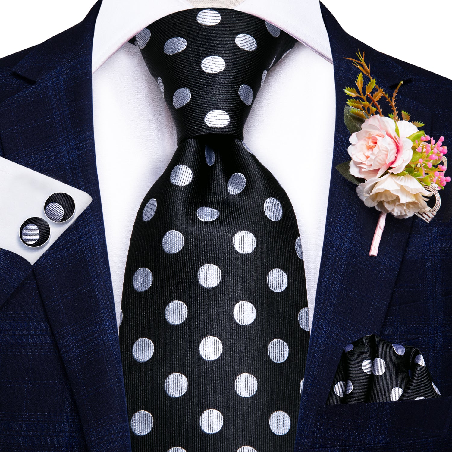 Classic Black White Polka Dot Tie Handkerchief Cufflinks Set with Wedding Brooch