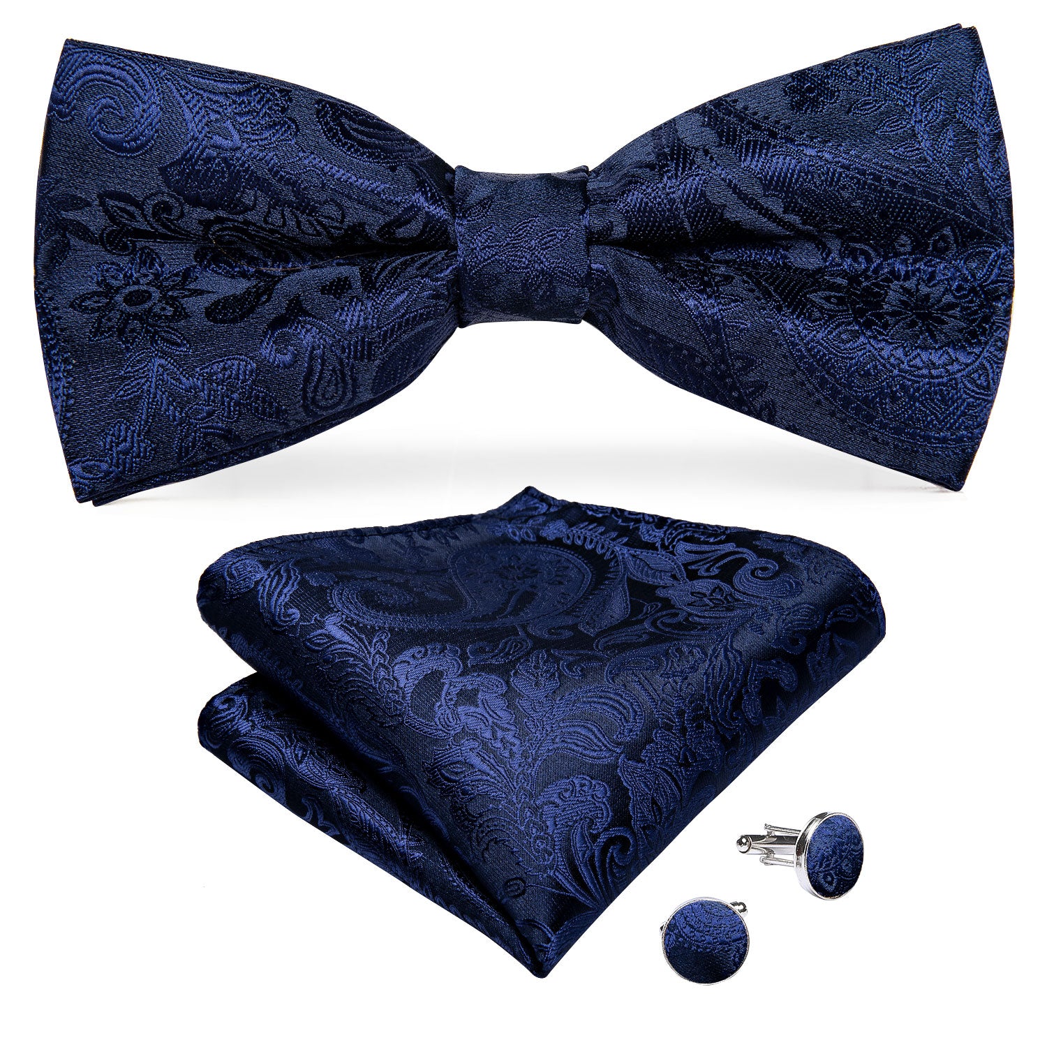 Luxury Blue Paisley Silk Men's Vest Bow Tie Hanky Cufflinks Set