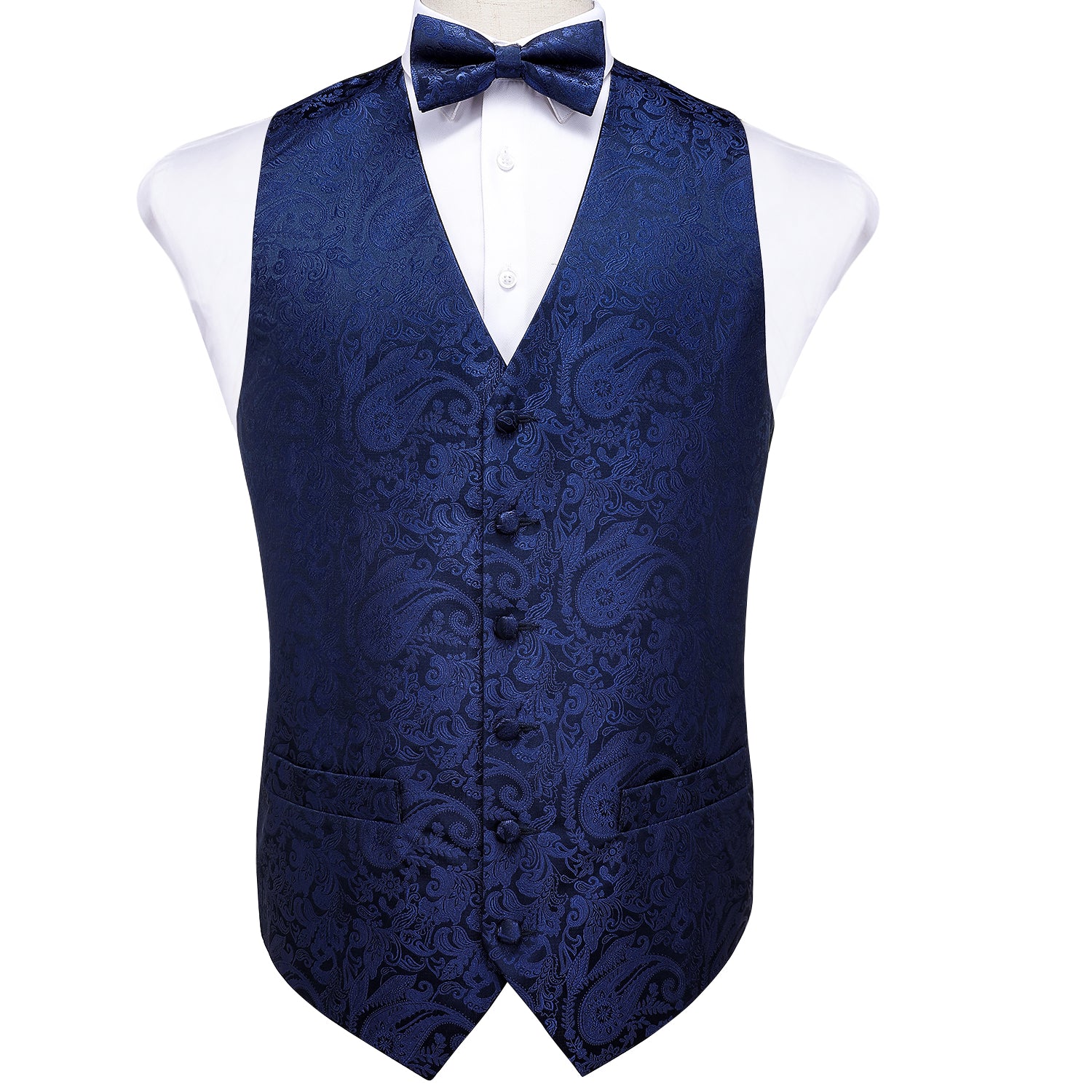 Luxury Blue Paisley Silk Men's Vest Bow Tie Hanky Cufflinks Set