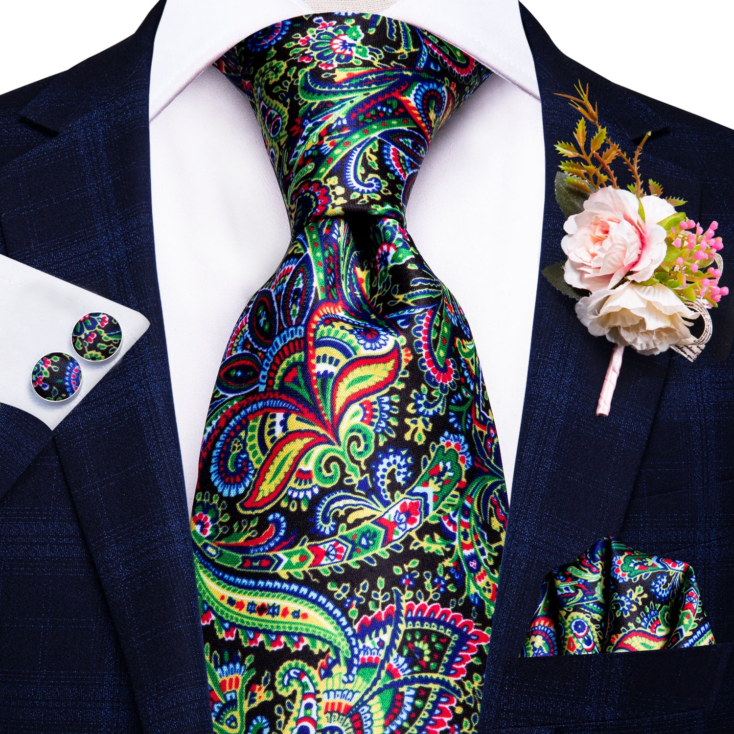 Green Yellow Paisley Tie Handkerchief Cufflinks Set with Wedding Brooch