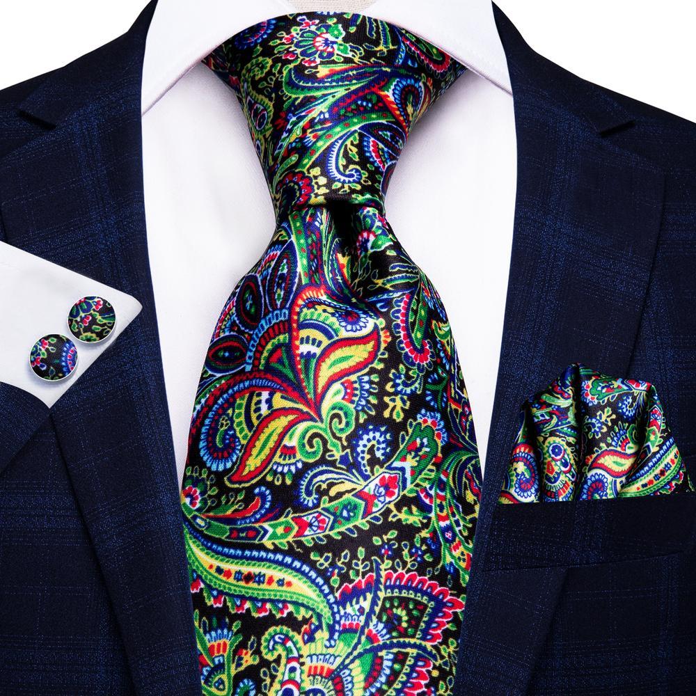 Green Yellow Paisley Tie Handkerchief Cufflinks Set with Wedding Brooch