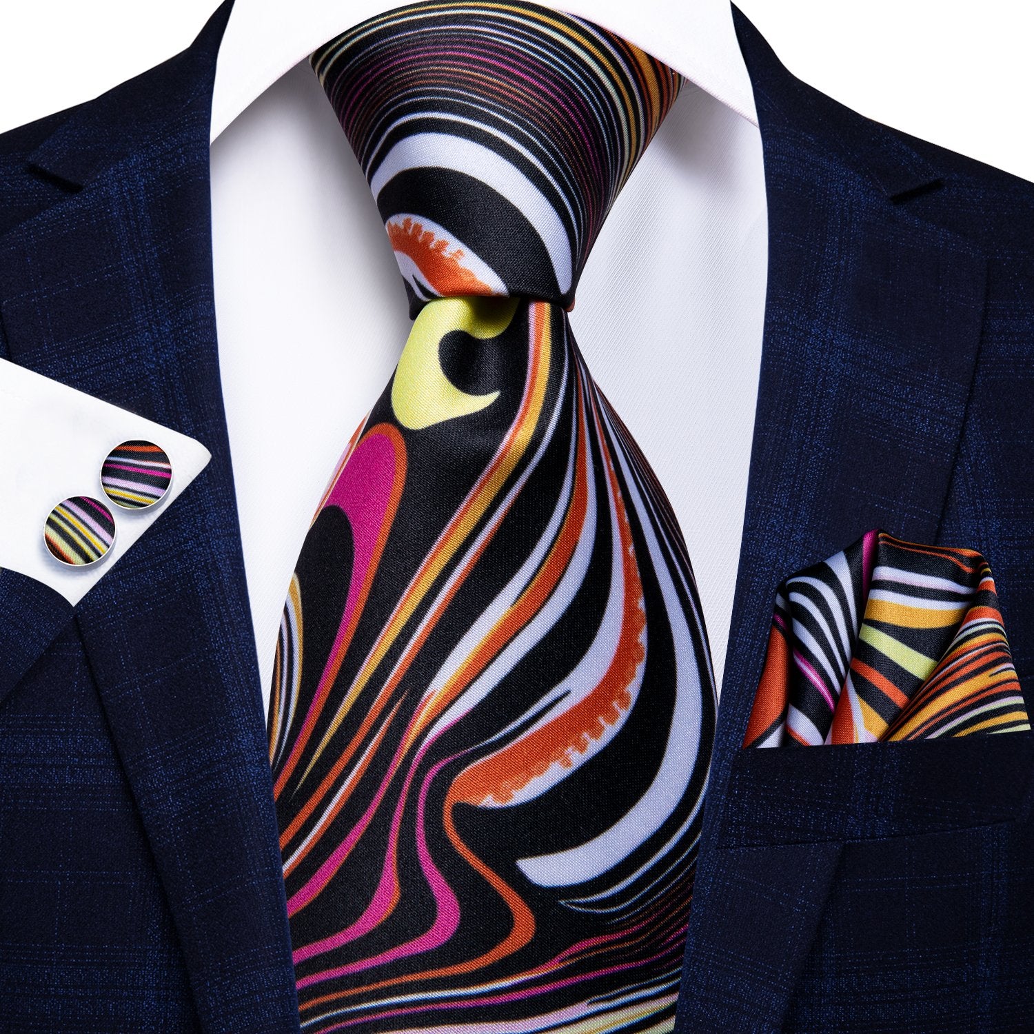 Black Orange Novelty Necktie Wedding Brooch Hanky Cufflinks Set