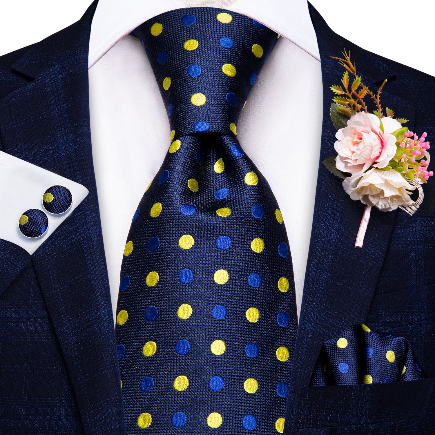 Hi-Tie Blue Yellow Polka Dot Tie Hanky Cufflinks Set Wedding Brooch