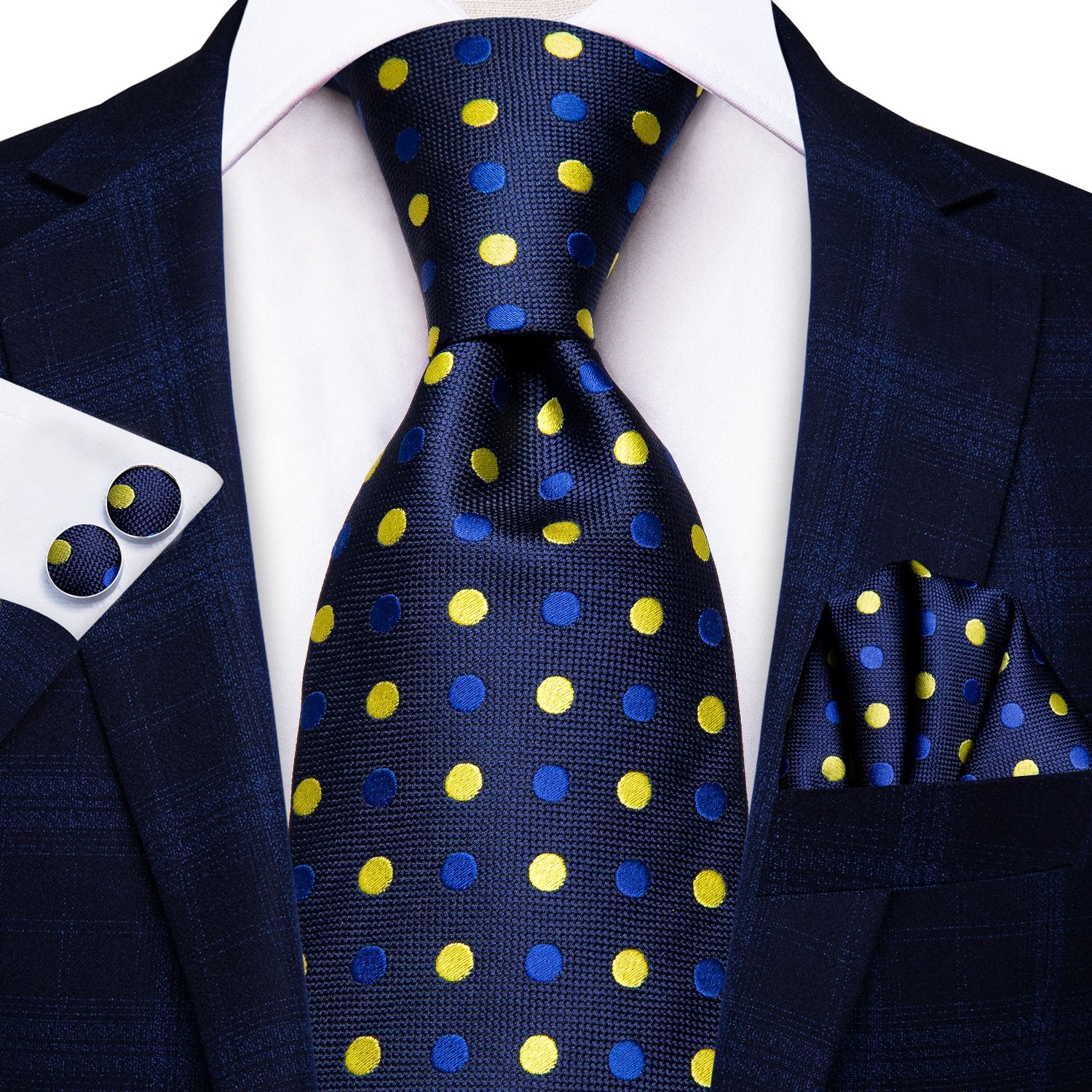 Hi-Tie Blue Yellow Polka Dot Tie Hanky Cufflinks Set Wedding Brooch