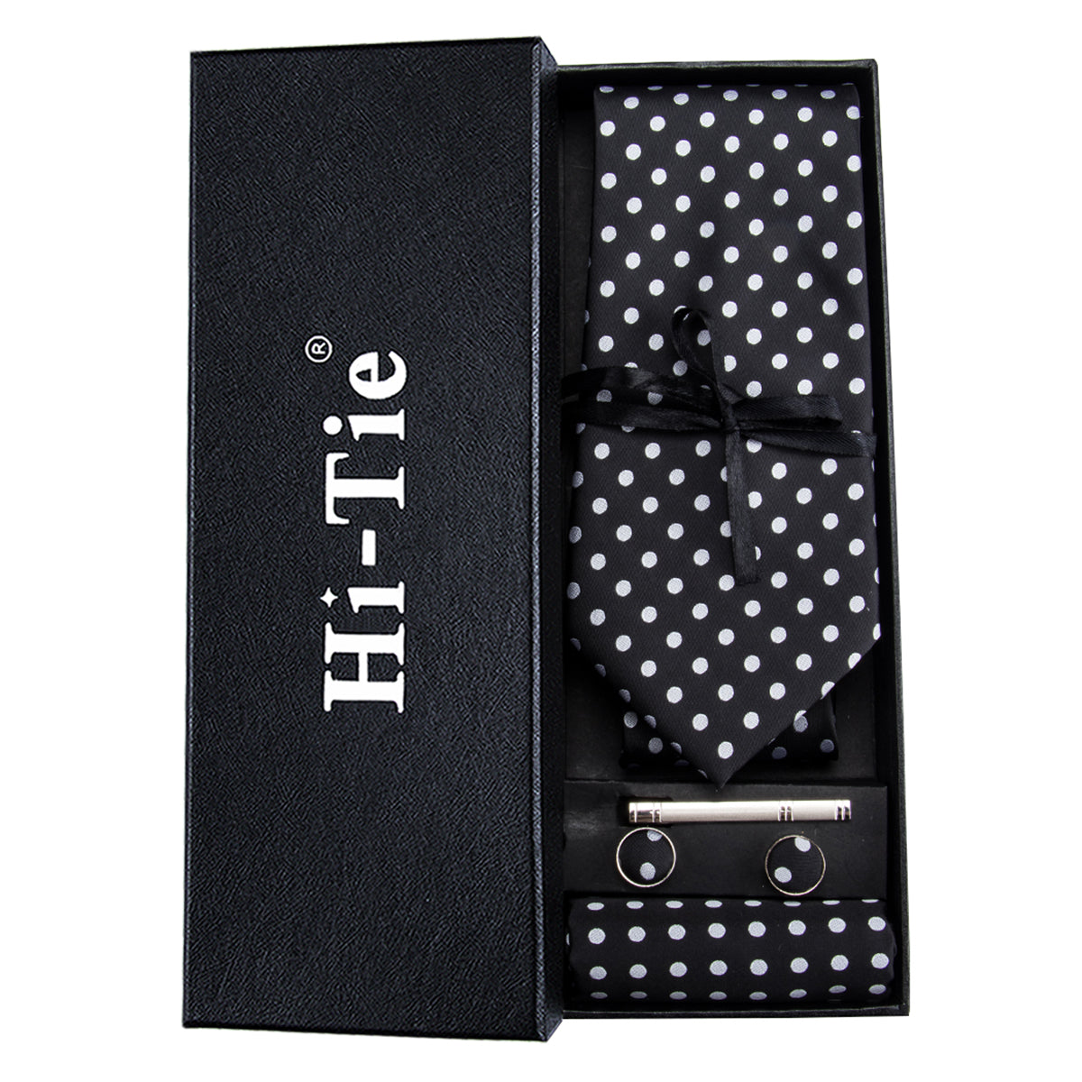 Classic Black LIttle Polka Dot Tie Hanky Cufflinks Set Gift Box Set