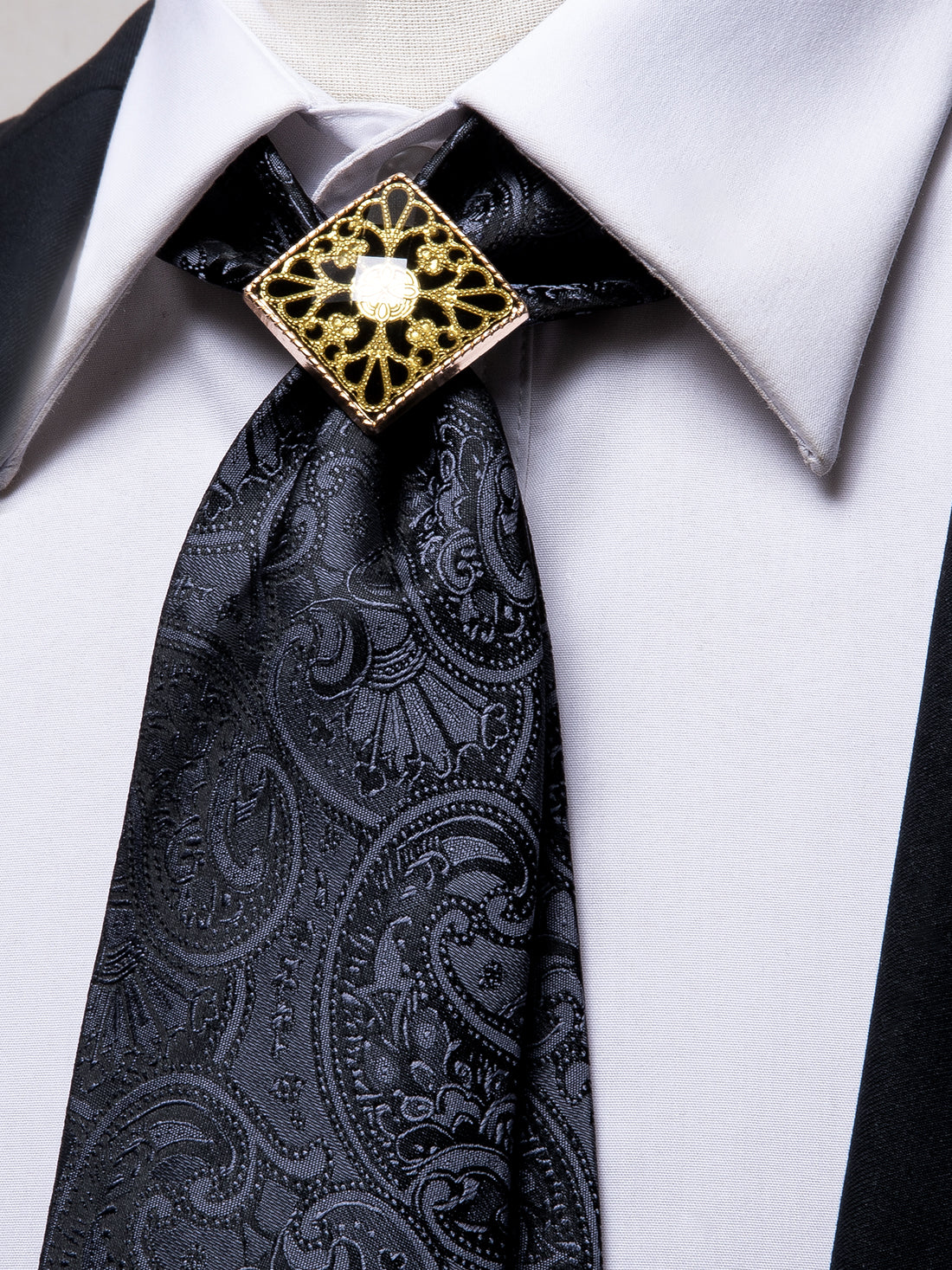 Men's Black Paisley Poirot Neck Tie Ring Hanky Cufflinks Set
