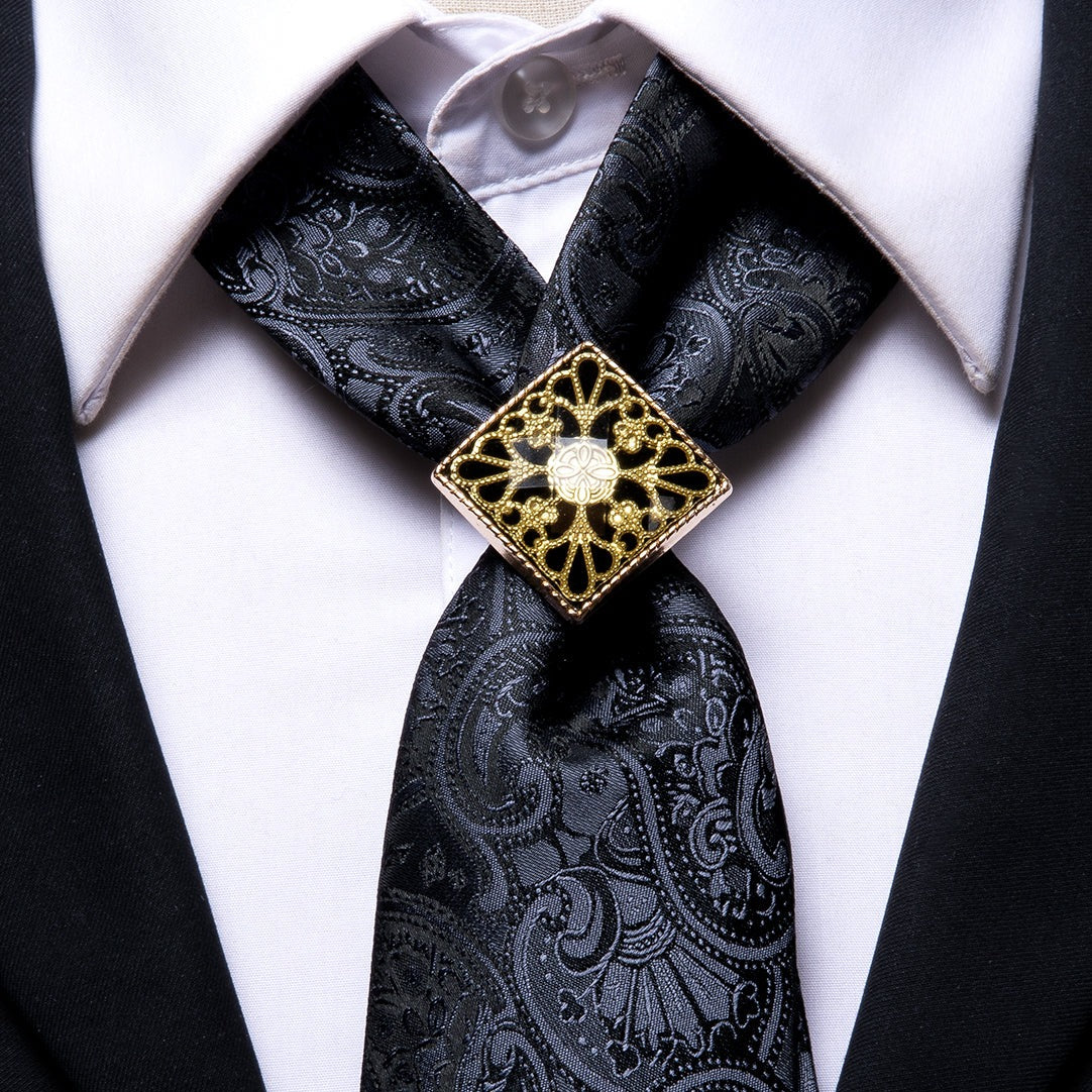 Men's Black Paisley Poirot Neck Tie Ring Hanky Cufflinks Set