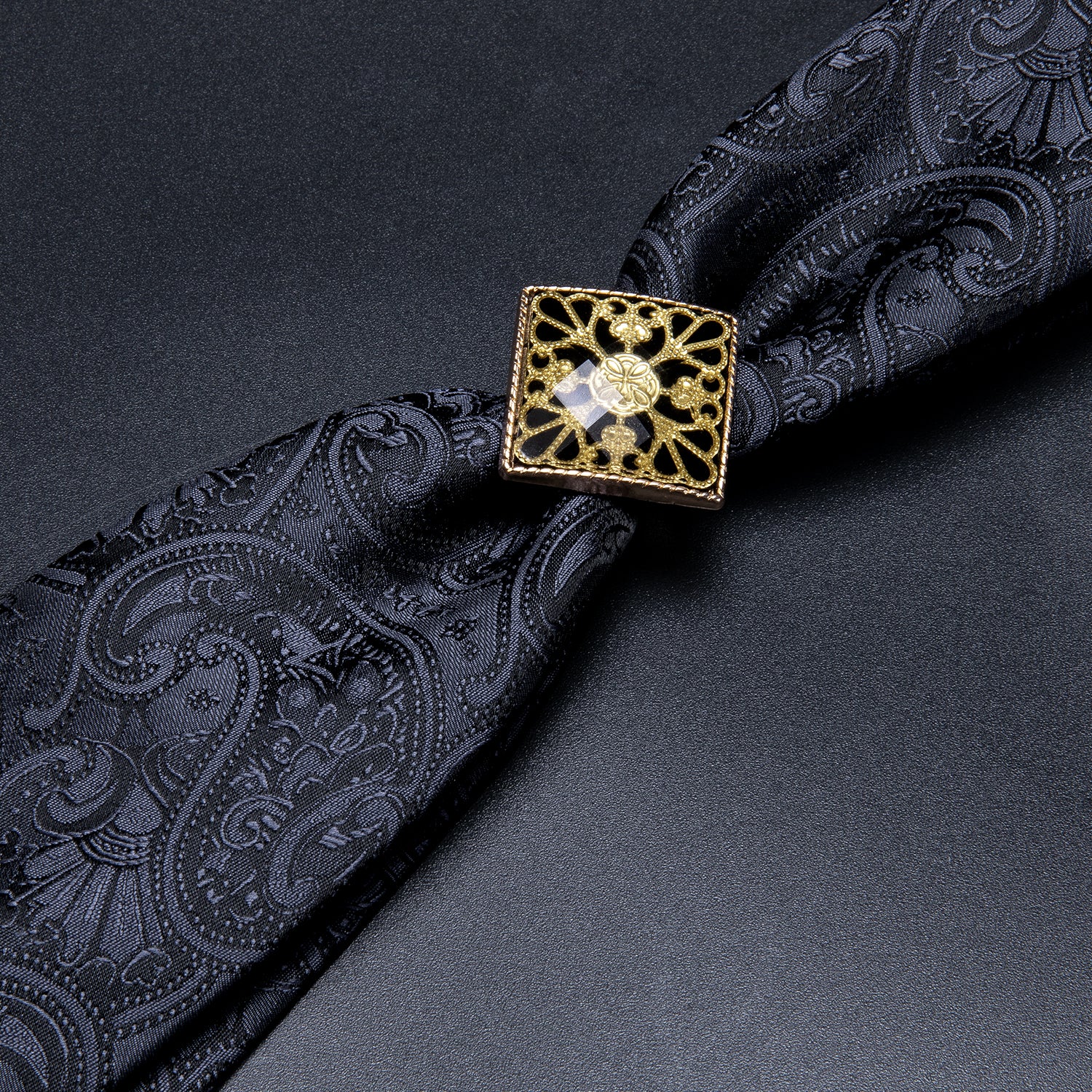 Men's Black Paisley Poirot Neck Tie Ring Hanky Cufflinks Set