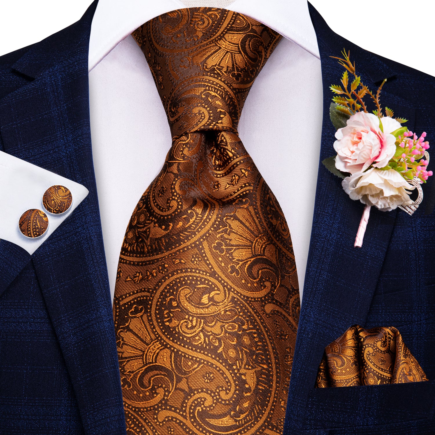 Royal Yellow Floral Tie Handkerchief Cufflinks Set with Wedding Brooch