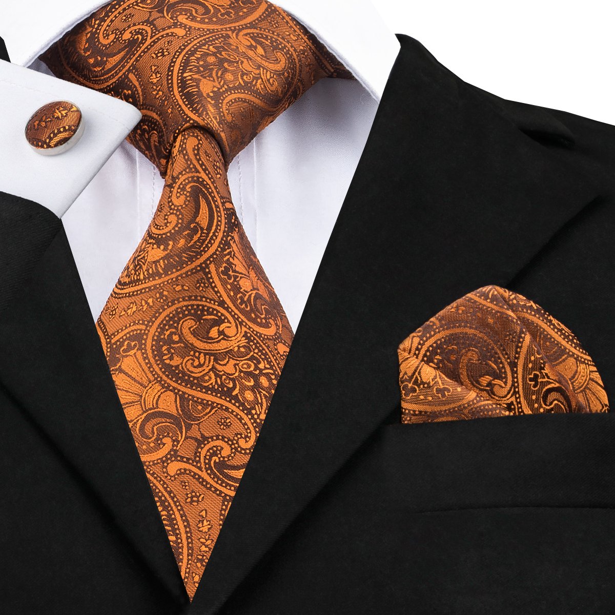 Ruddy Brown Necktie Floral Mens Tie Pocket Square Cufflinks Set