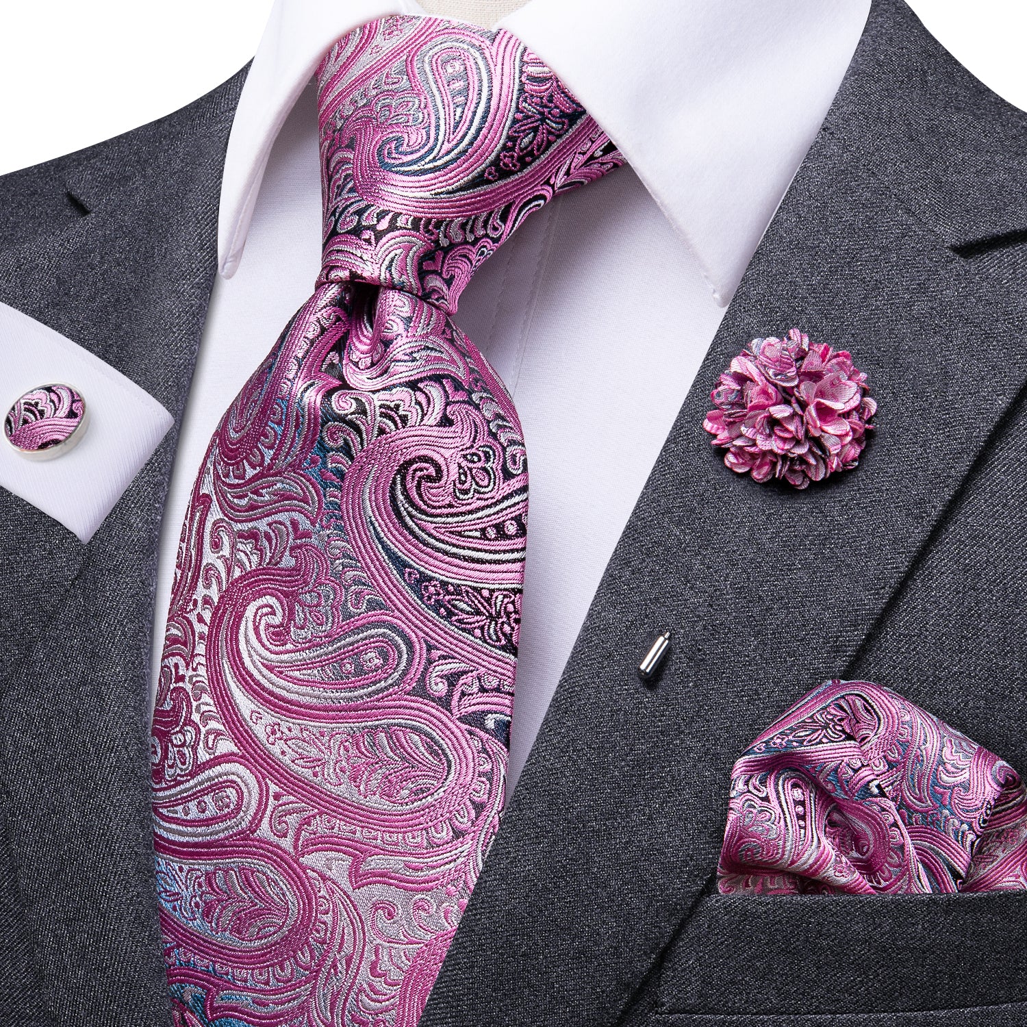 Men's Pink Paisley Tie Pocket Square Cufflinks Set with Brooch