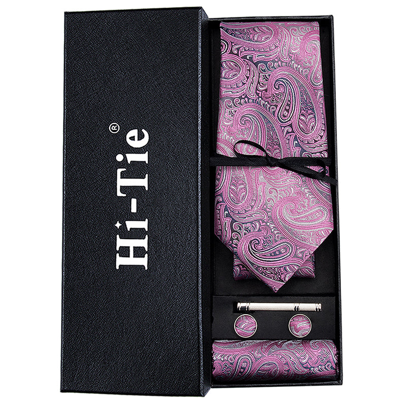 Pink Paisley Tie Pocket Square Cufflinks Gift Box Set