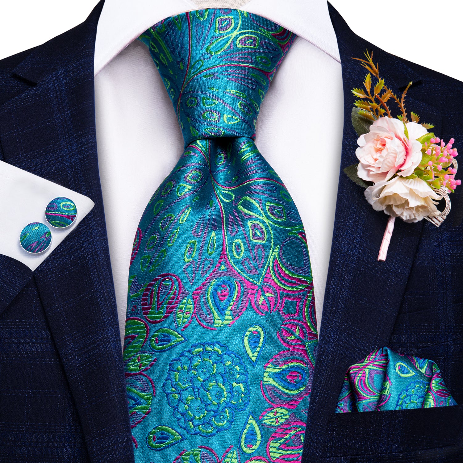 Blue Green Floral Tie Handkerchief Cufflinks Set with Brooch
