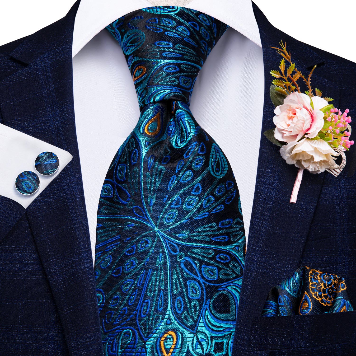 Fantastic Blue Floral Tie Handkerchief Cufflinks Set with Wedding Brooch