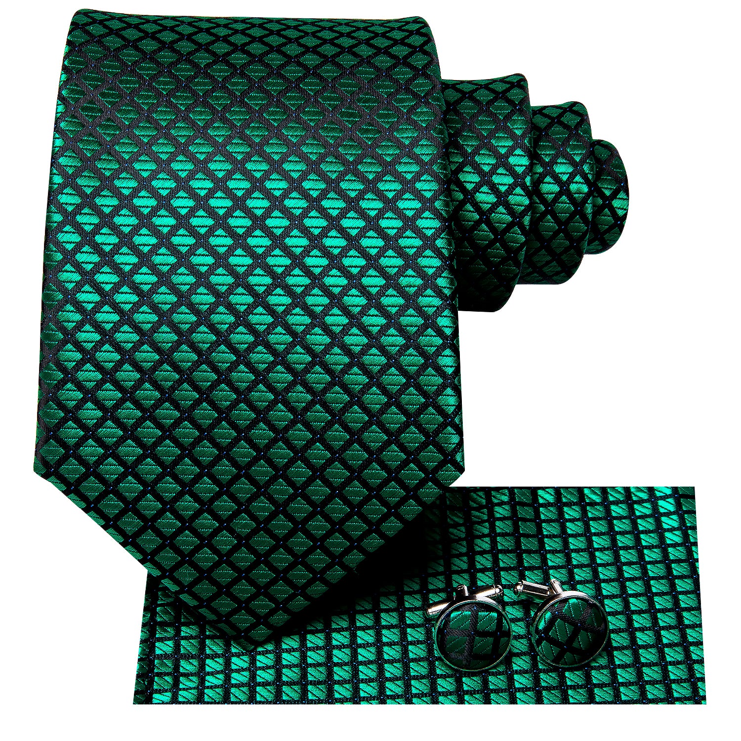 Green Plaid Tie Handkerchief Cufflinks Set with Wedding Brooch