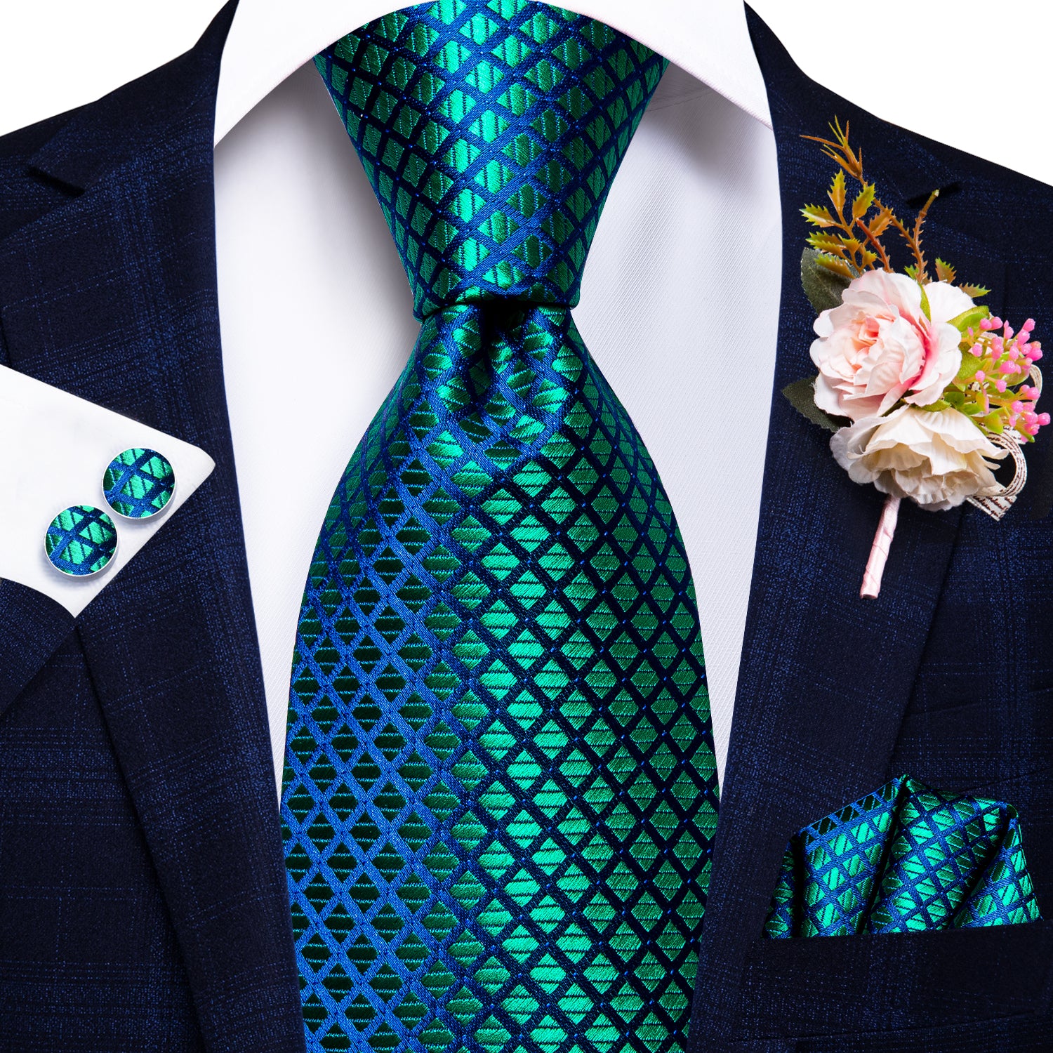 Teal Blue Plaid Tie Handkerchief Cufflinks Set with Wedding Brooch