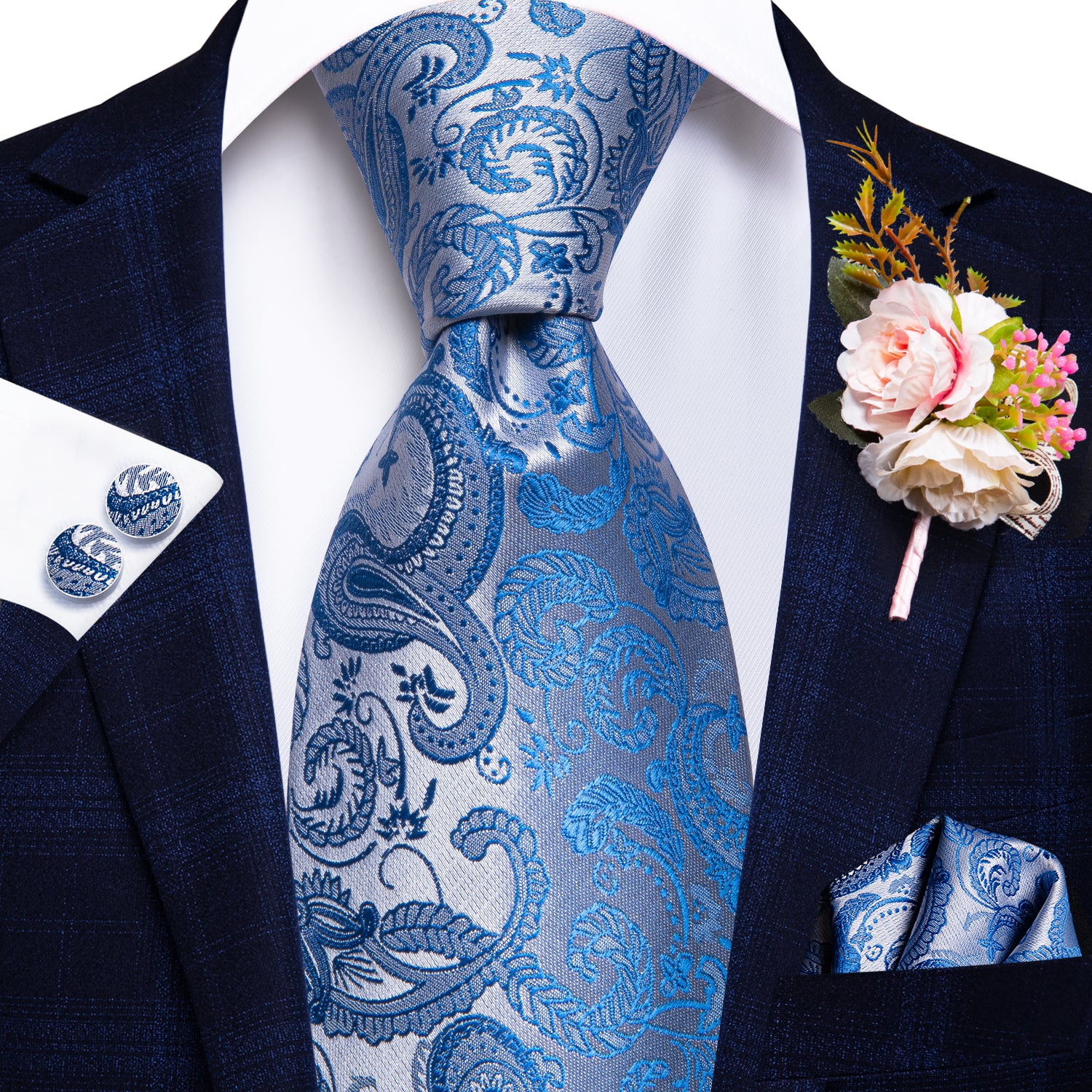 Essential Blue Paisley Tie Handkerchief Cufflinks Set with Wedding Brooch