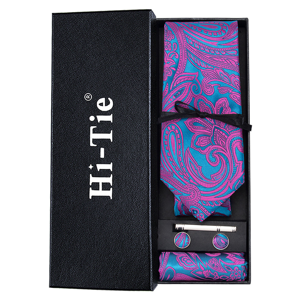 Red Blue Paisley Tie Pocket Square Cufflinks Set Gift Box Set