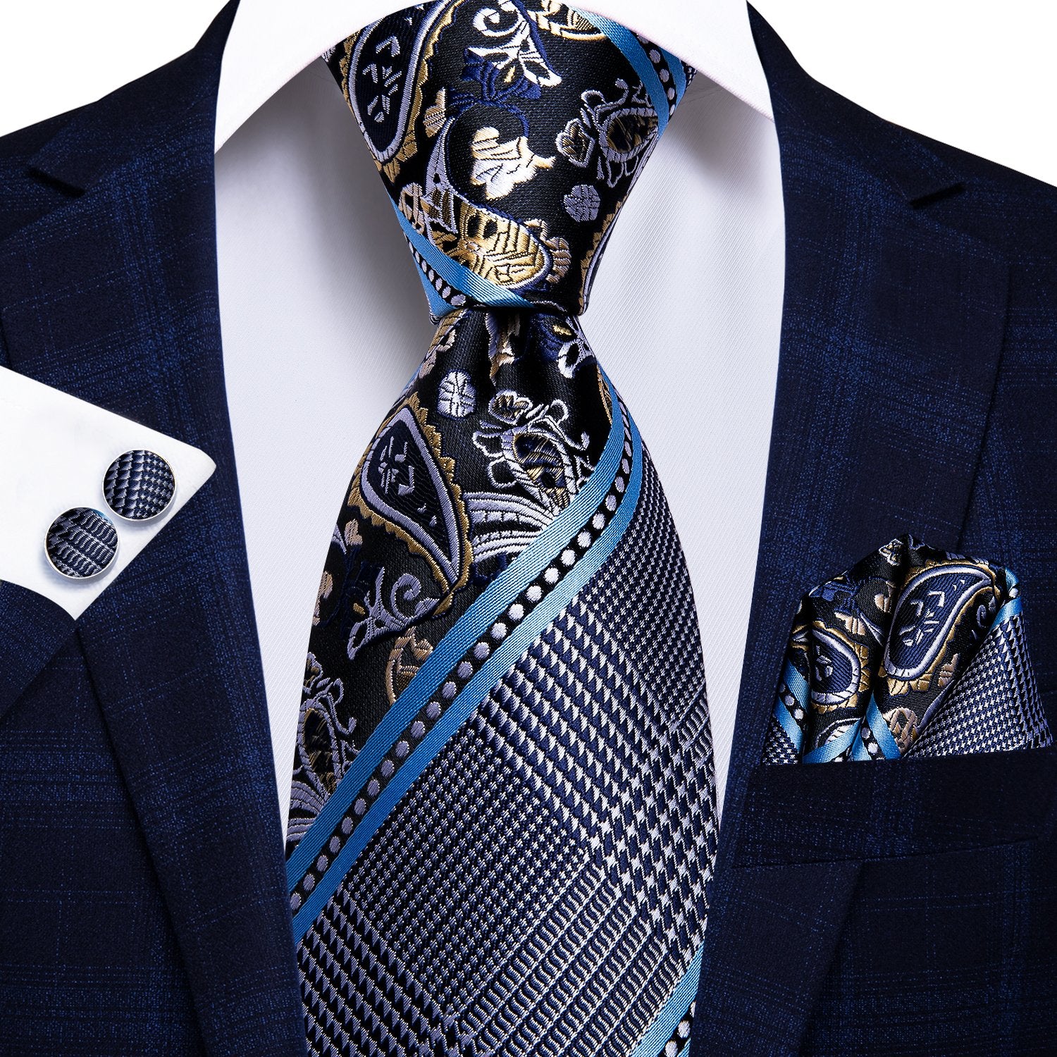 Grey Blue Novelty Tie Handkerchief Cufflinks Set with Wedding Brooch