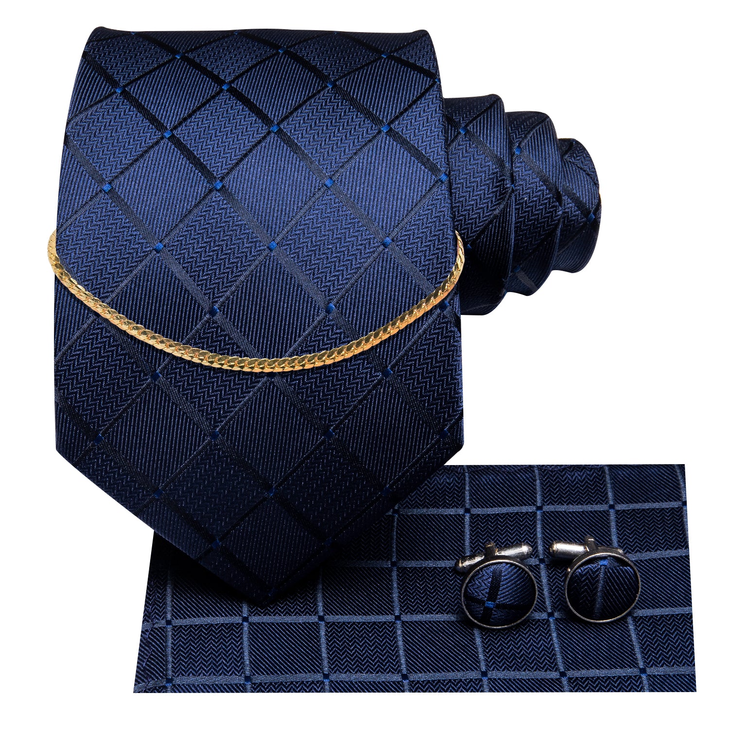 Blue Plaid Tie Pocket Square Cufflinks Set With Golden Chain