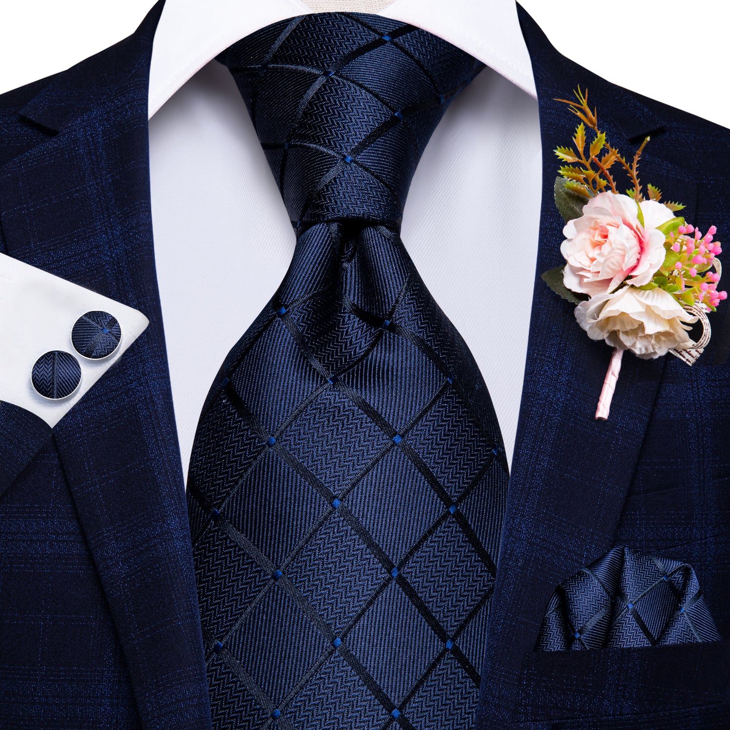 Blue Plaid Tie Handkerchief Cufflinks Set with Wedding Brooch
