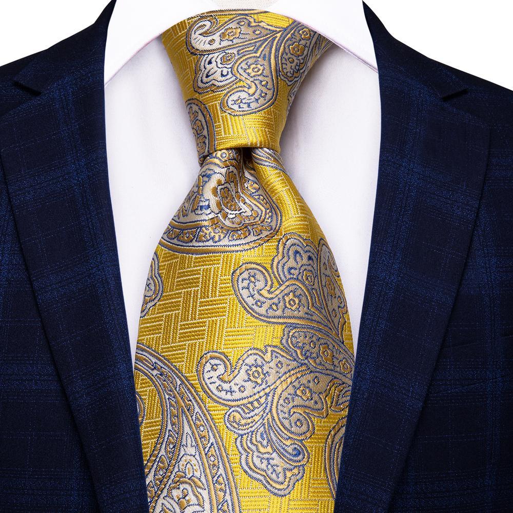 Yellow Paisley Tie Handkerchief Cufflinks Set with Wedding Brooch