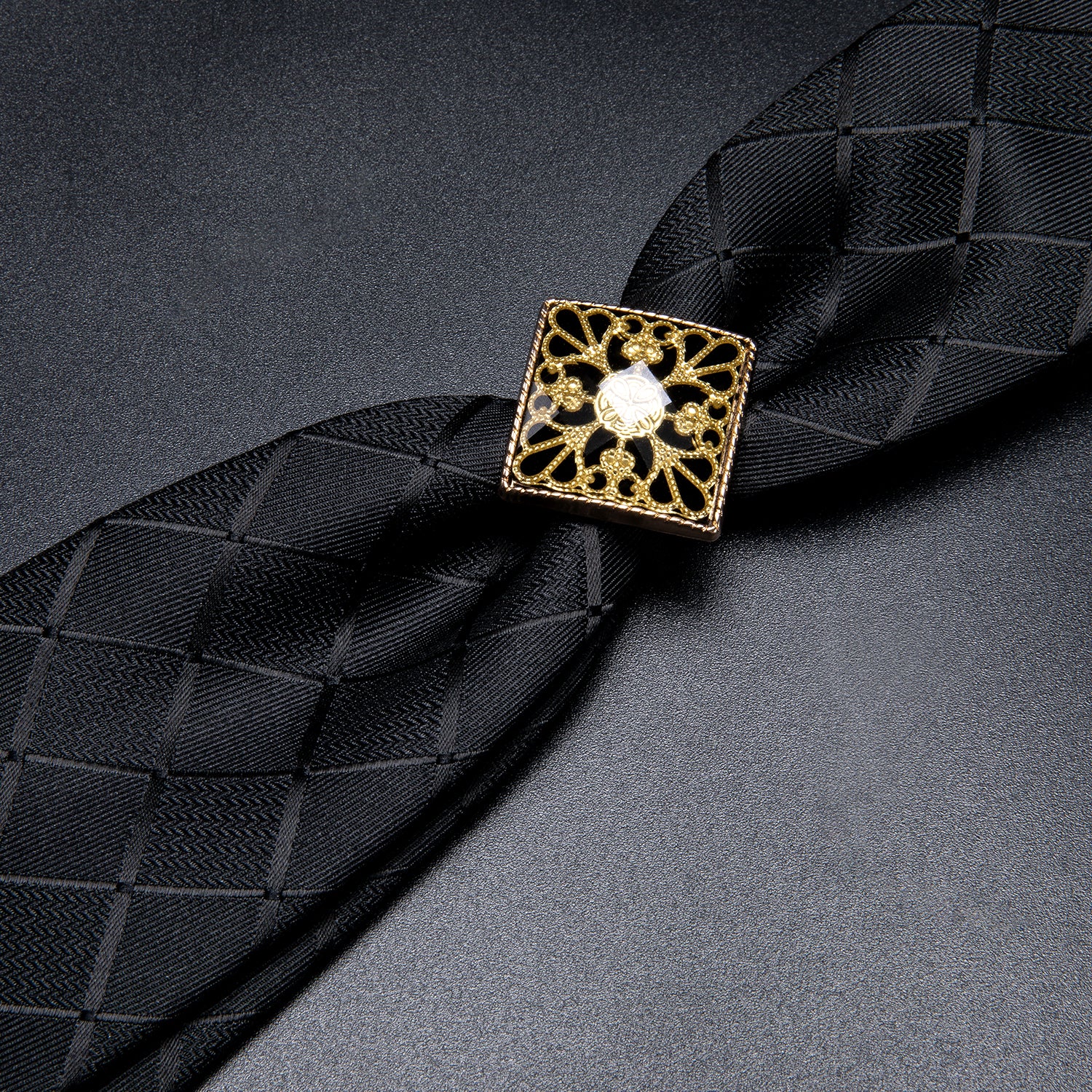 Men's Black Plaid Poirot Tie Ring Pocket Square Cufflinks Set