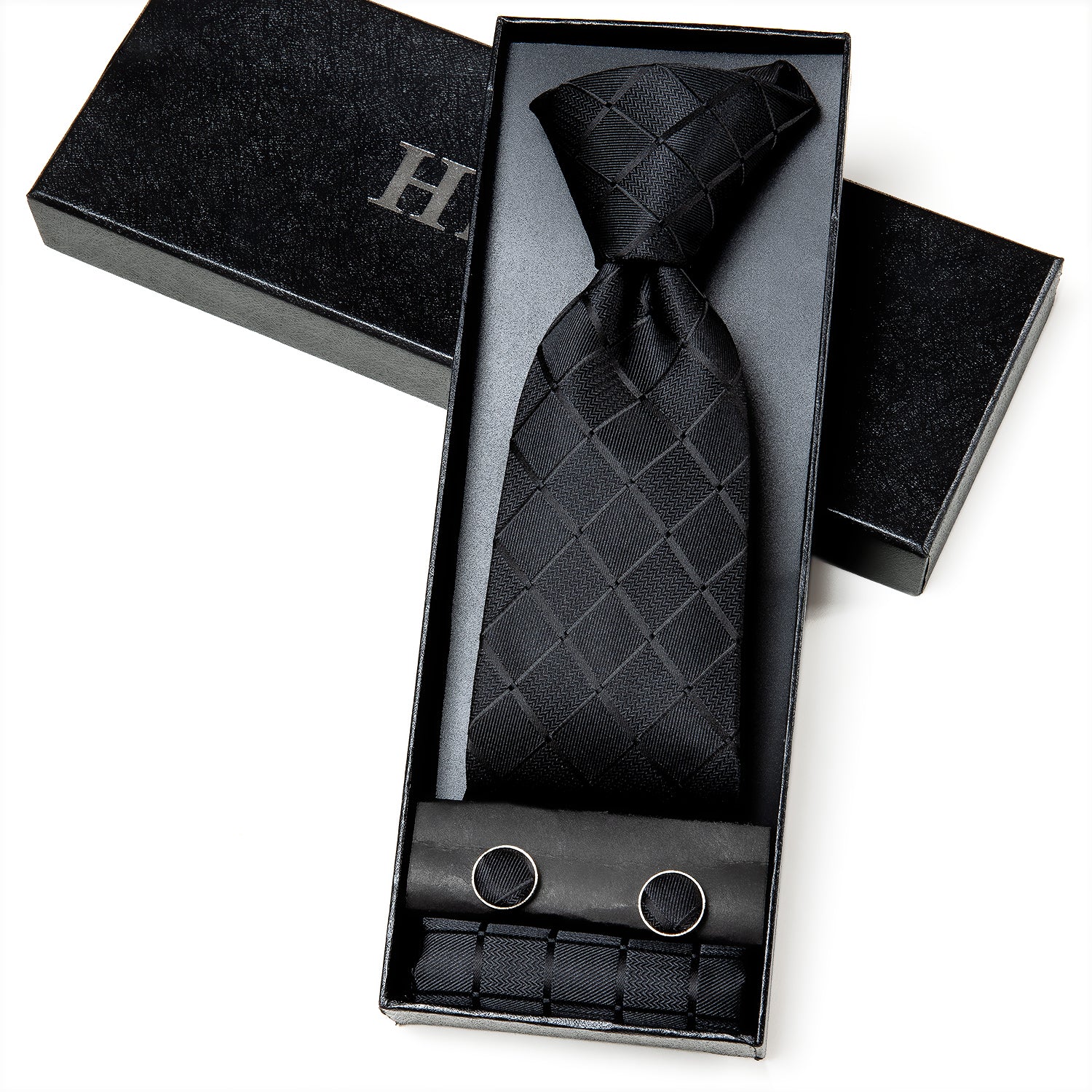 Pure Black Plaid Silk Men's Tie Pocket Square Cufflinks Gift Box Set