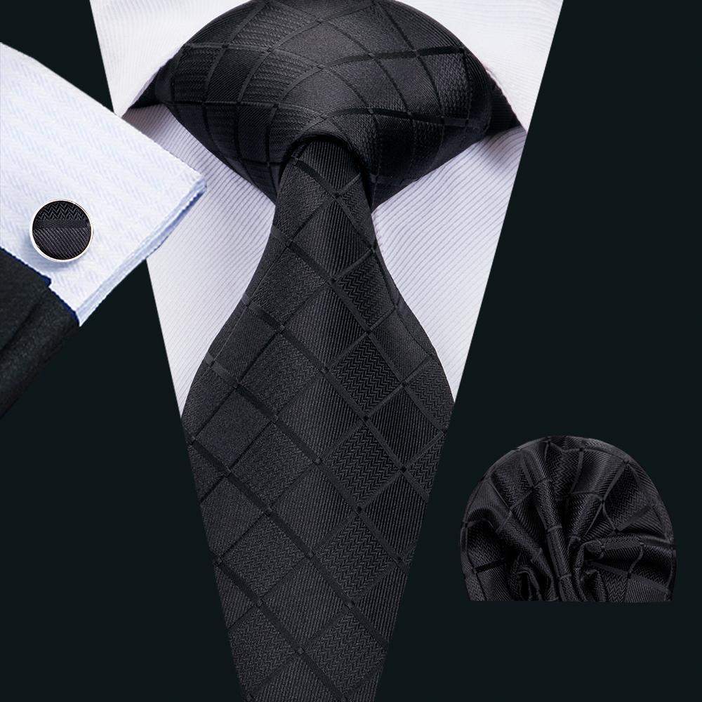 Pure Black Plaid Silk 63 Inches Men's Tie Hanky Cufflinks Set