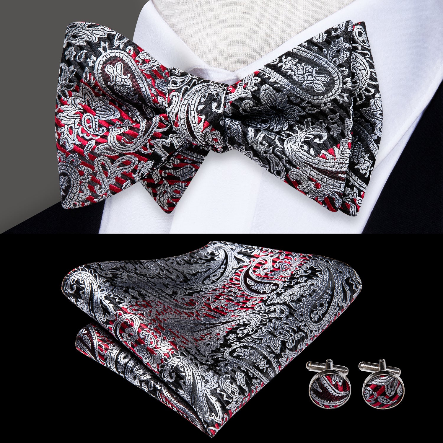 Black Red Silver Paisley Self-tied Bow Tie Hanky Cufflinks Set