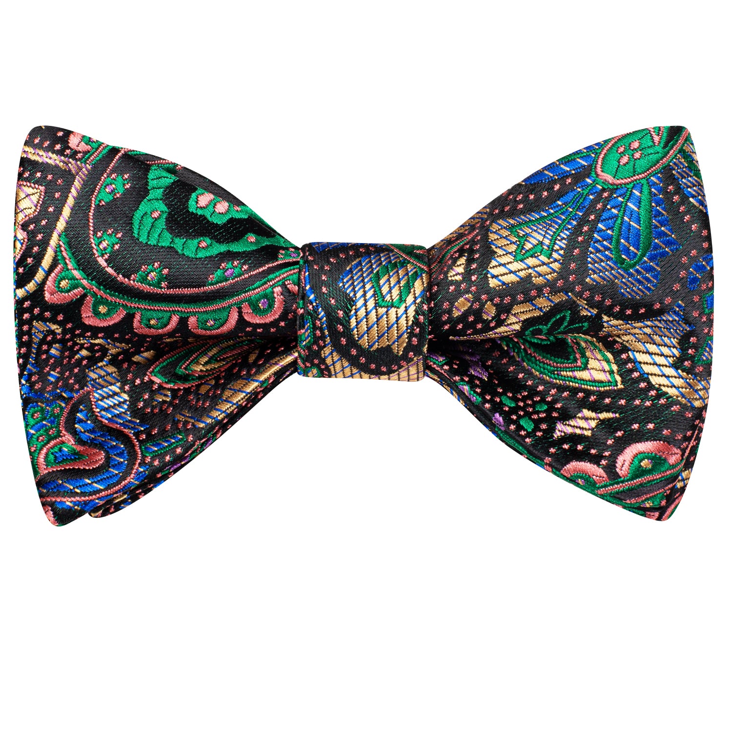Black Green Paisley Self-tied Bow Tie Hanky Cufflinks Set