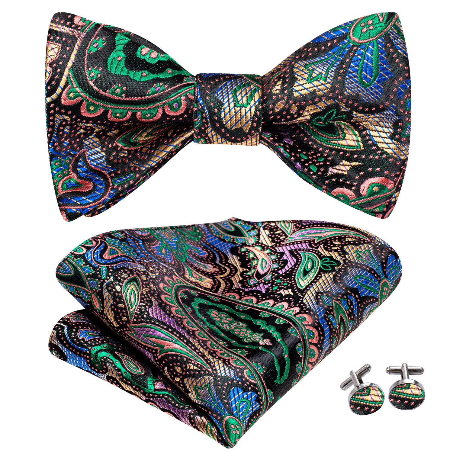 Black Green Paisley Self-tied Bow Tie Hanky Cufflinks Set