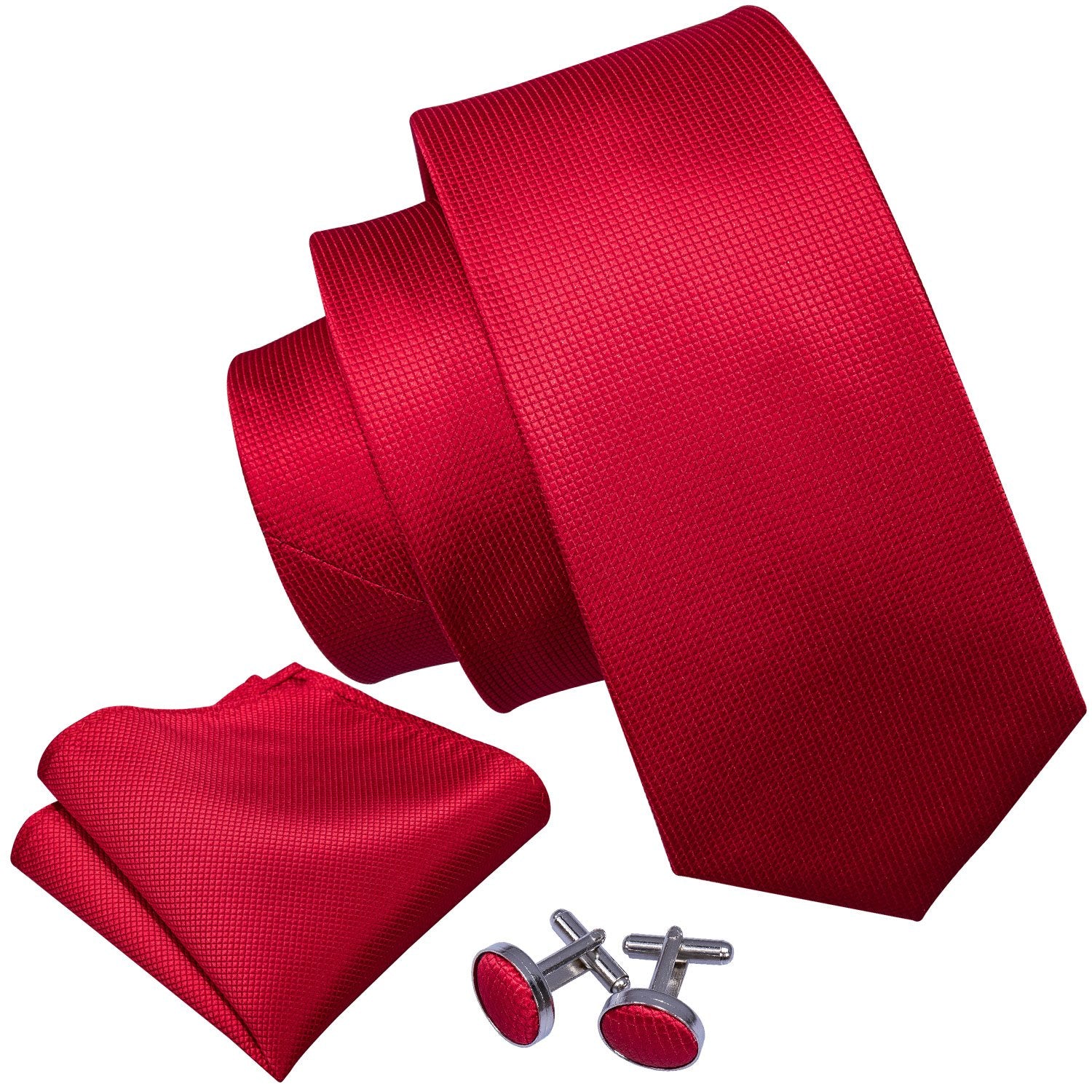 Red Solid Tie Handkerchief Cufflinks Set with Wedding Brooch