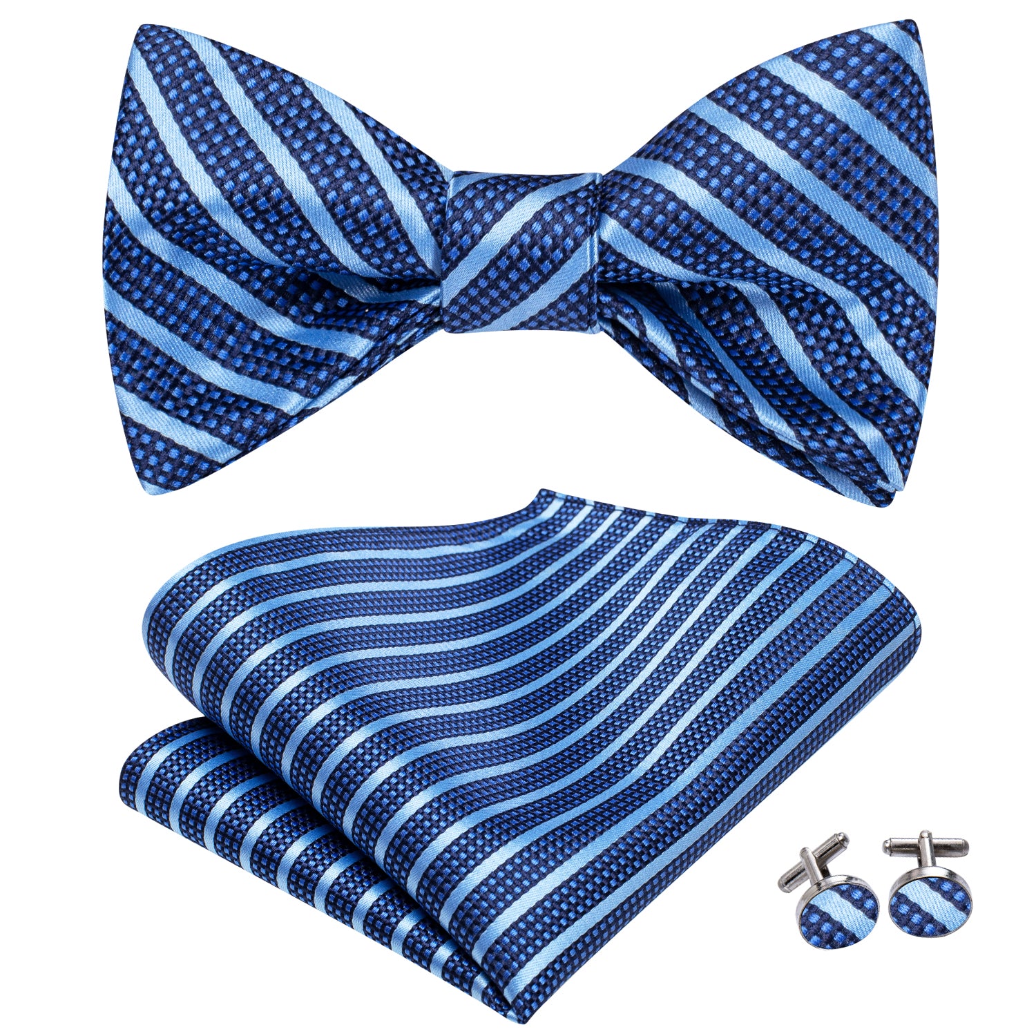 Navy Blue Striped Plaid Self-tied Bow Tie Pocket Square Cufflinks Set
