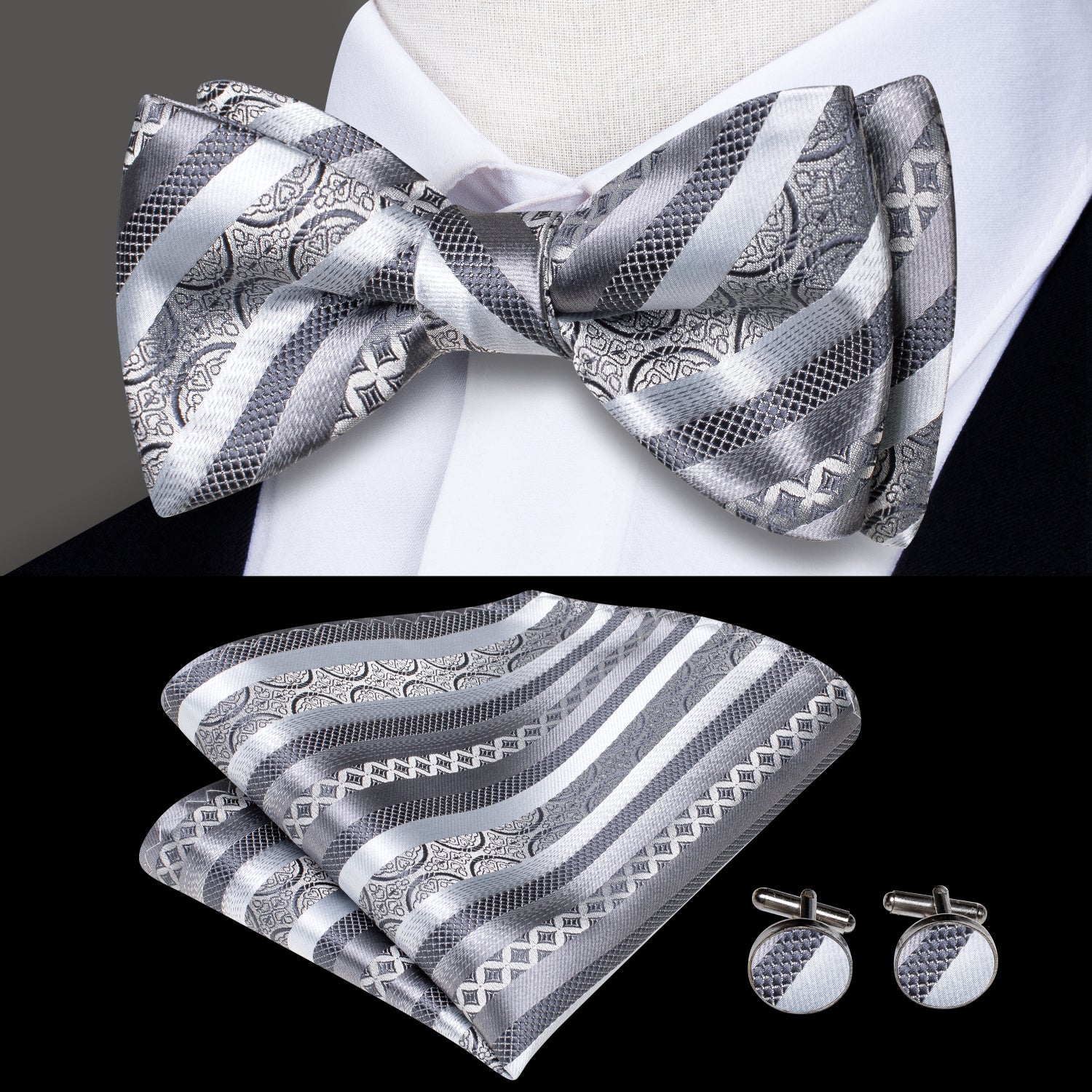$10.99 Grey White Paisley Striped Pre-tied Bow Tie Hanky Cufflinks Set