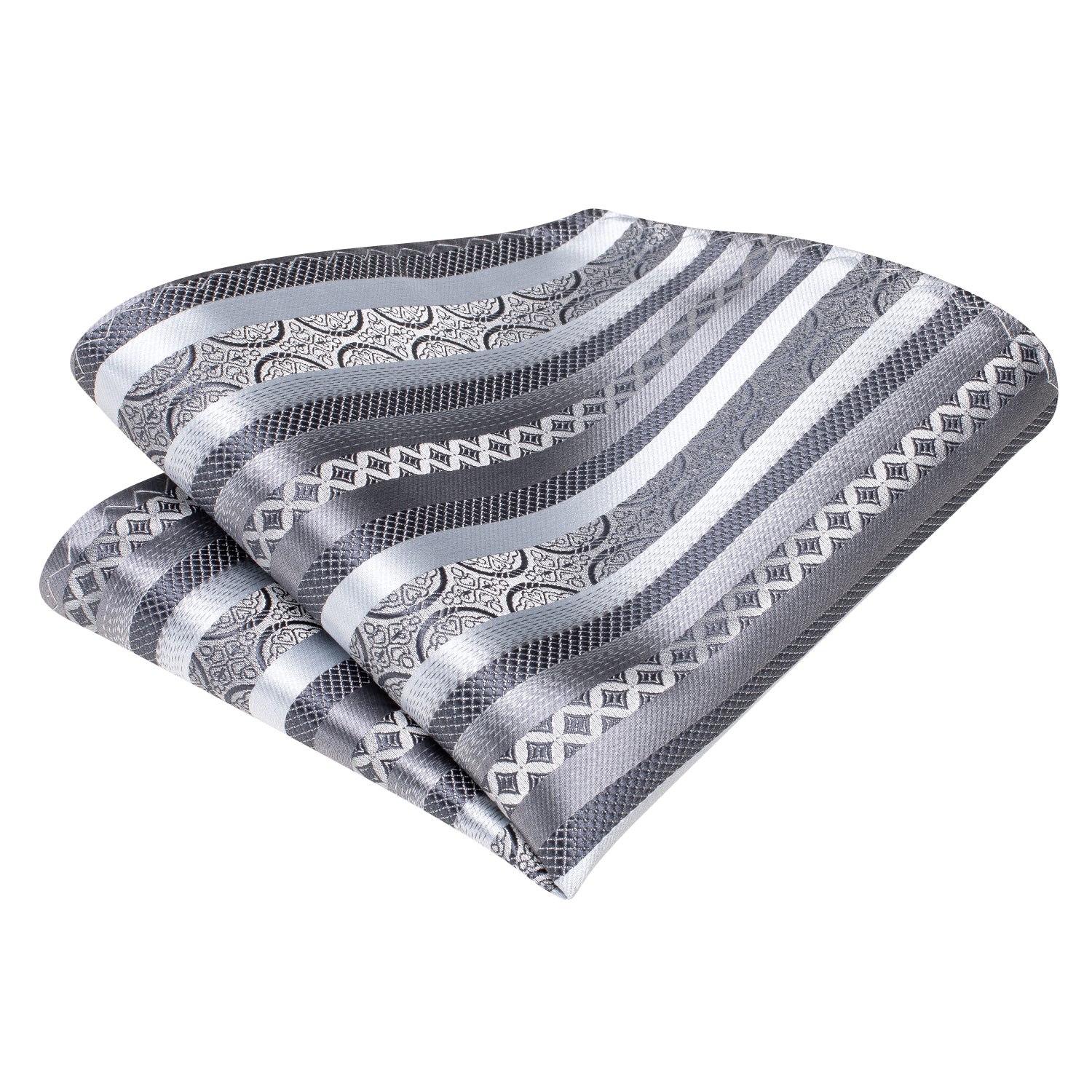 $10.99 Grey White Paisley Striped Pre-tied Bow Tie Hanky Cufflinks Set