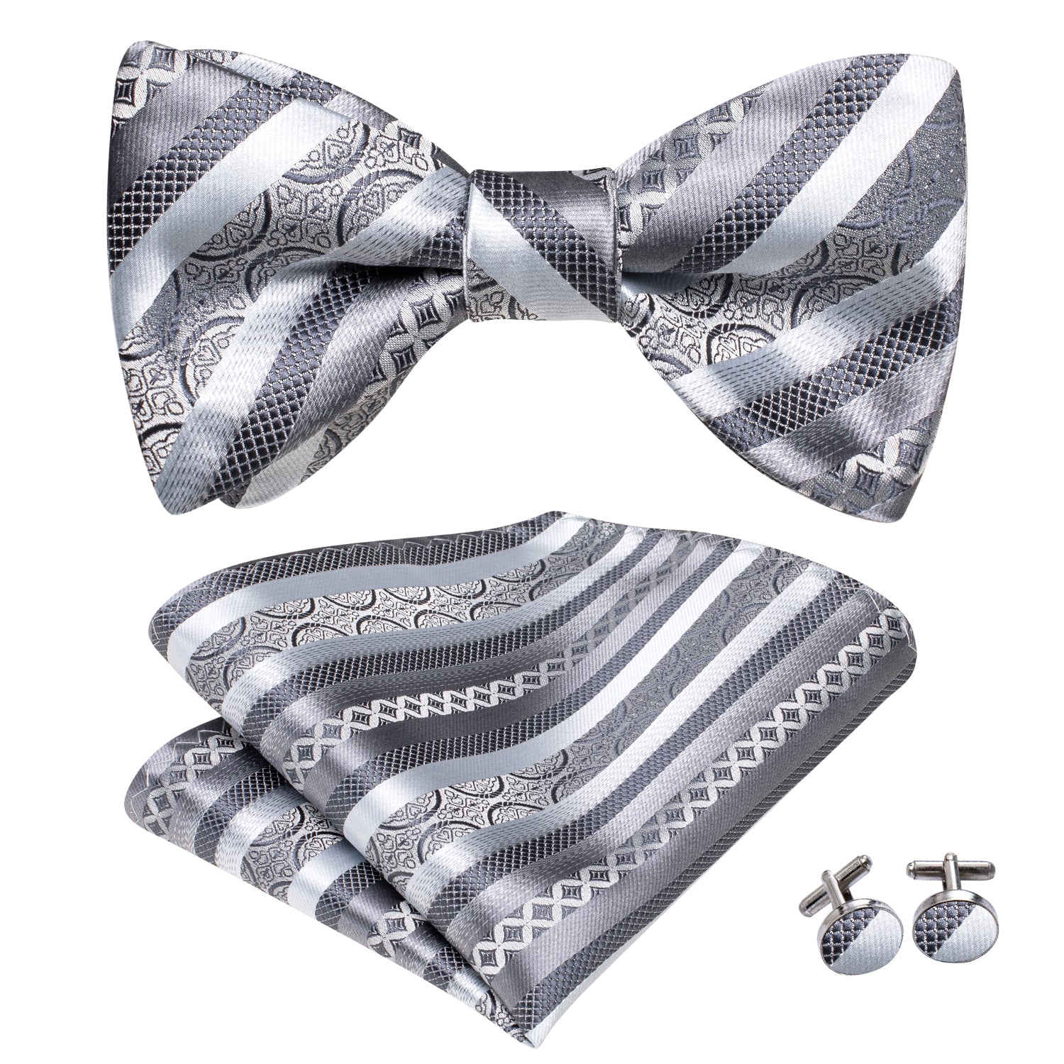 $10.99 Grey White Paisley Striped Pre-tied Bow Tie Hanky Cufflinks Set