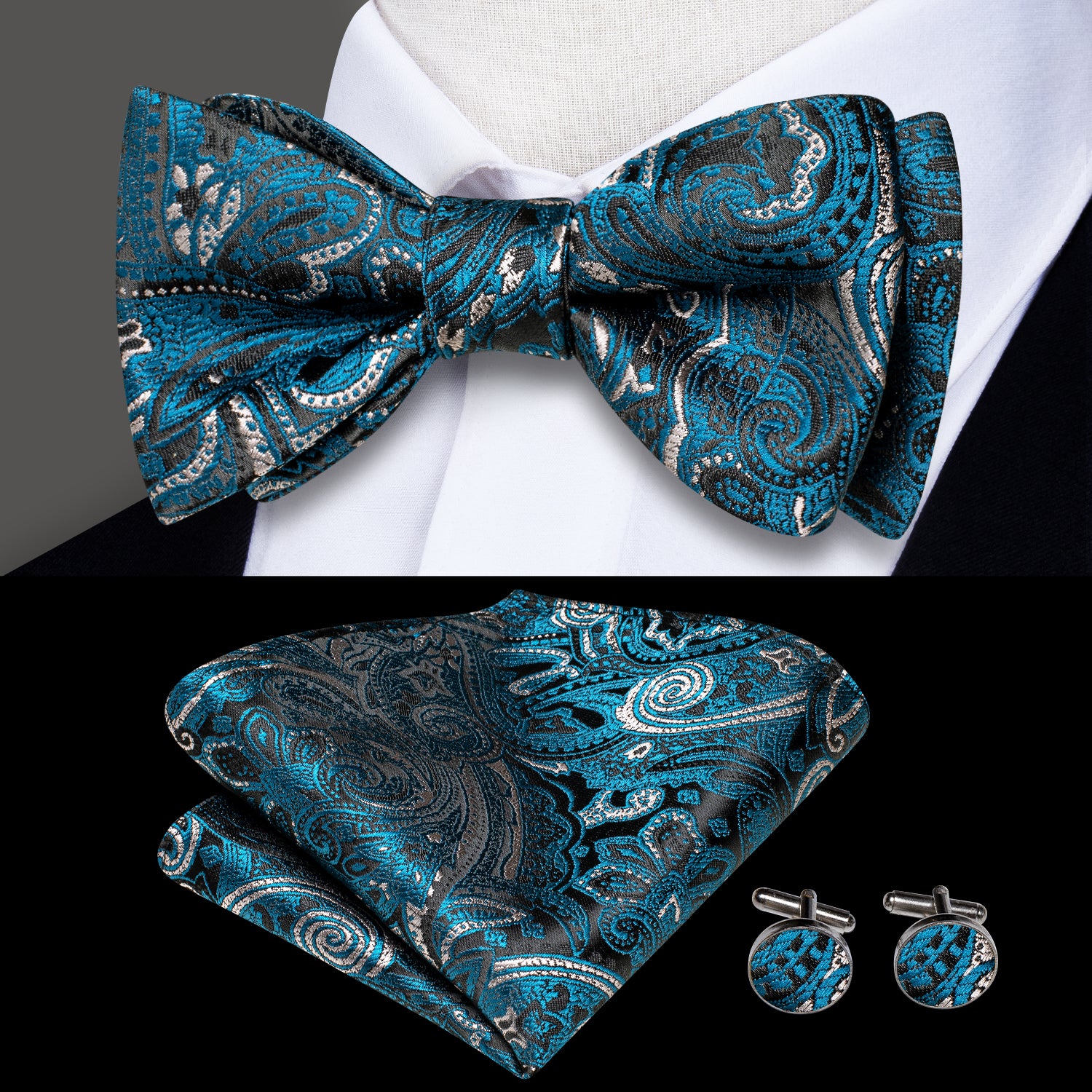 Lake Blue Black Paisley Pre-tied Bow Tie Hanky Cufflinks Set