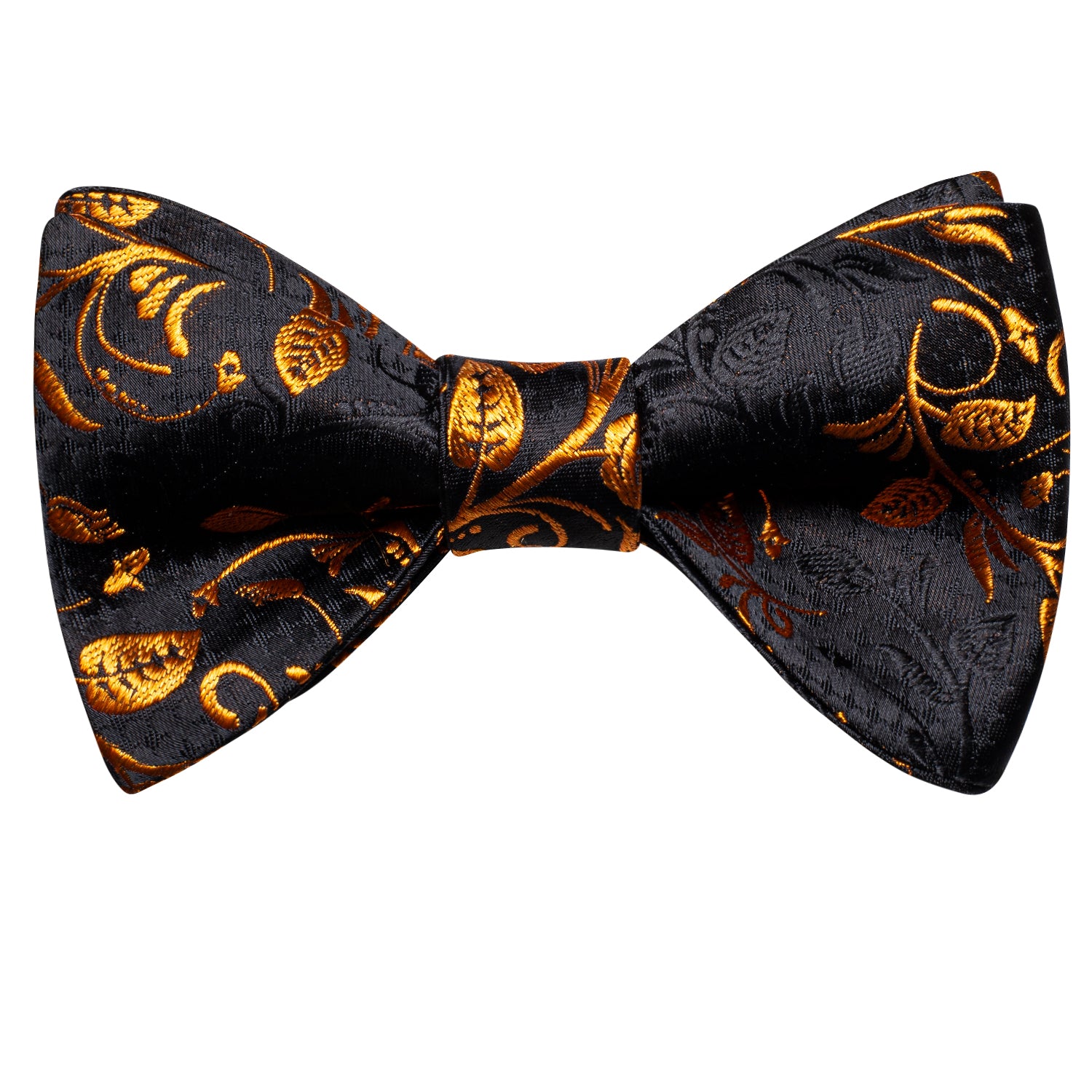 Black Golden Floral Silk Self-tied Bow Tie Hanky Cufflinks Set