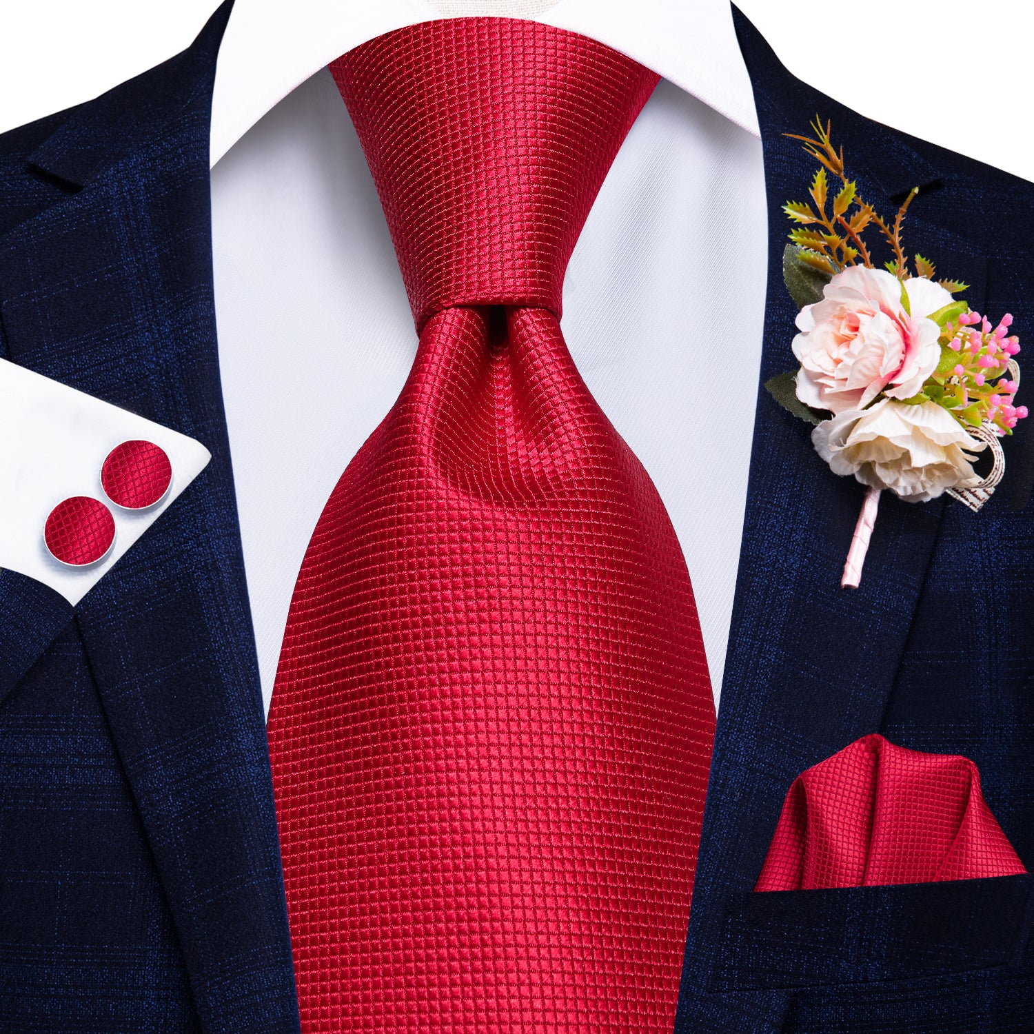Red Solid Tie Handkerchief Cufflinks Set with Wedding Brooch