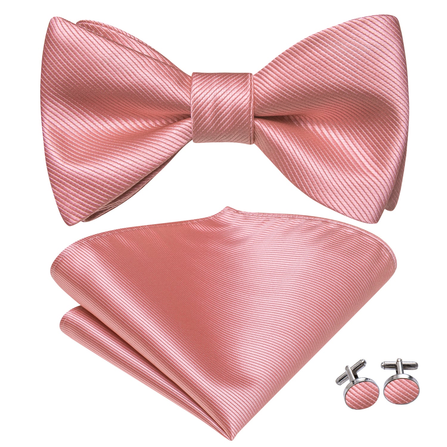 Light Pink Striped Silk Self-tied Bow Tie Pocket Square Cufflinks Set