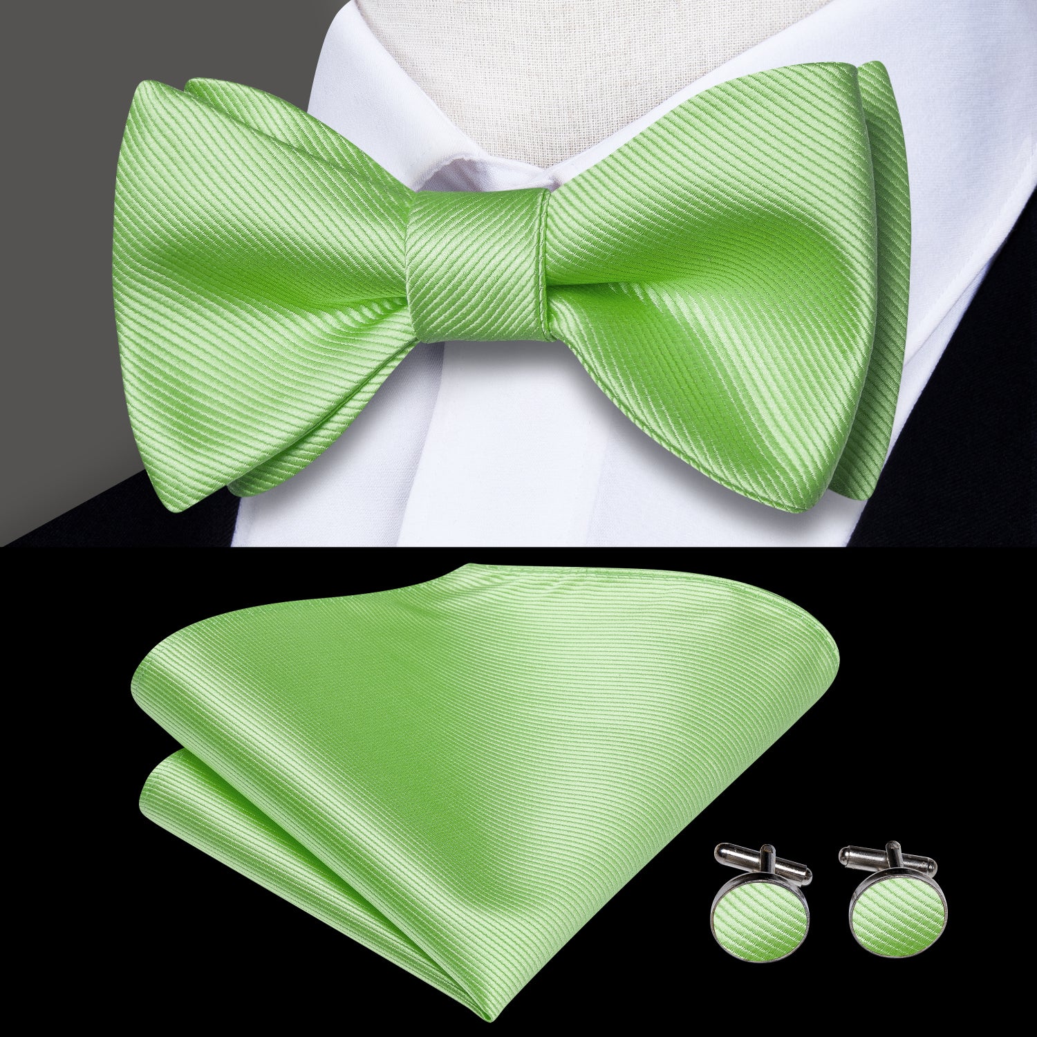 Apple Green Striped Silk Self-tied Bow Tie Hanky Cufflinks Set