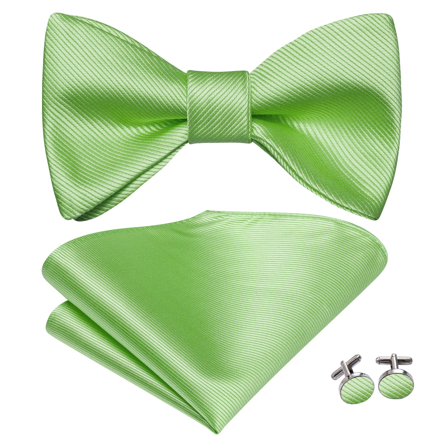 Apple Green Striped Silk Self-tied Bow Tie Hanky Cufflinks Set