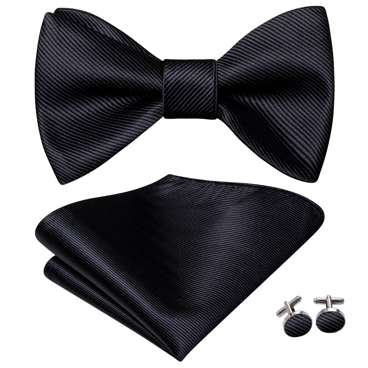Black Striped Silk Self-tied Bow Tie Pocket Square Cufflink Set